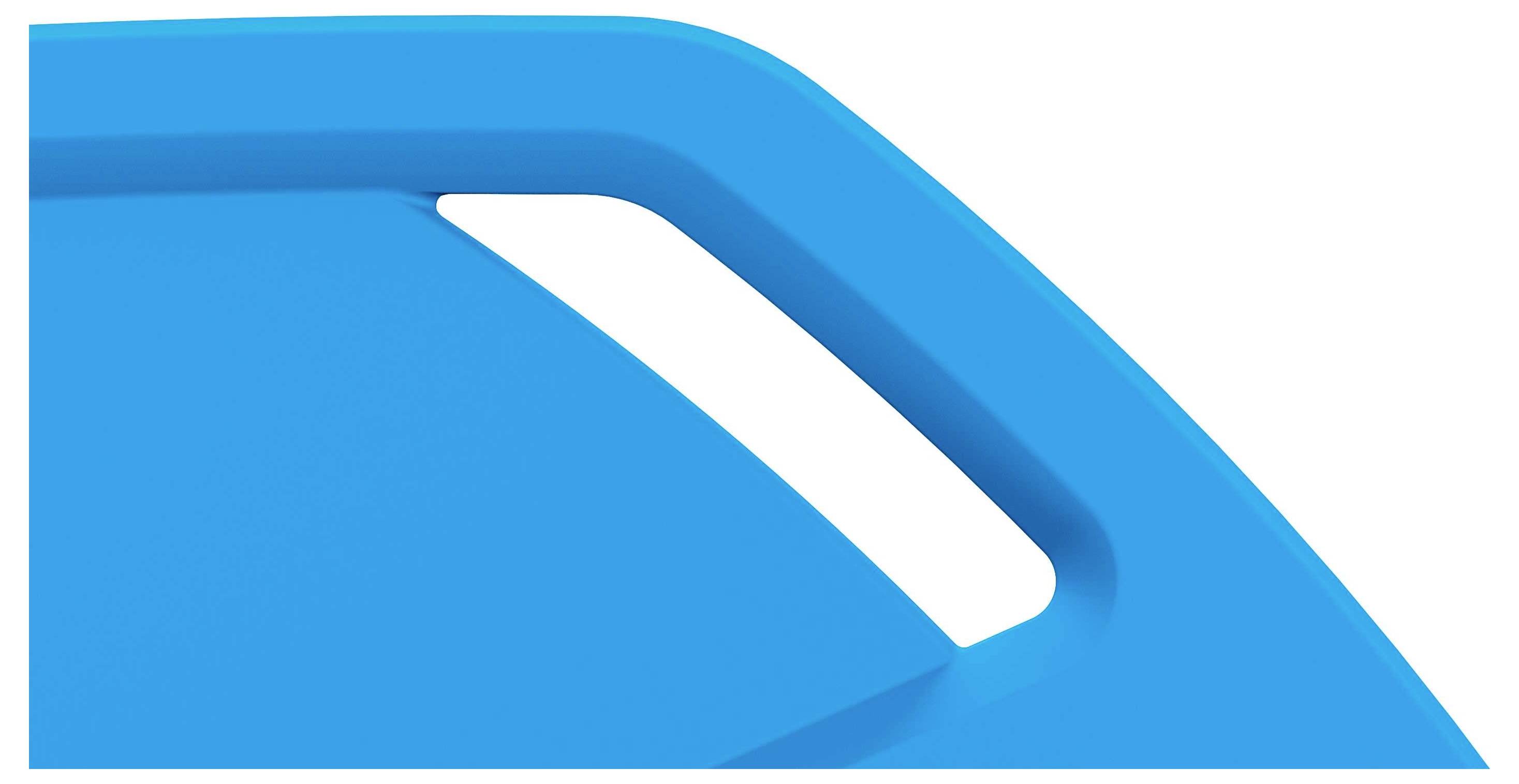 An abstract image depicts a blue geometric shape with an oval opening on a white background.