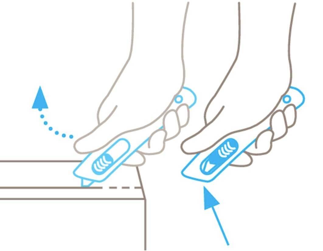Graphic shows how to use a safety knife correctly: position knife, open with protective cap, cut along the line.