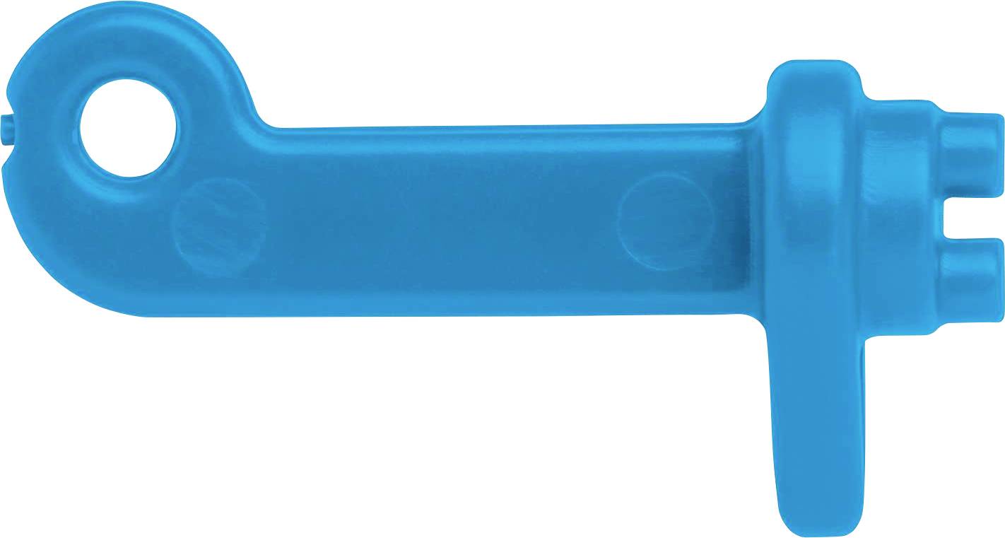 A blue plastic key tool with a hole on the left side, likely for gripping or removing valves.
