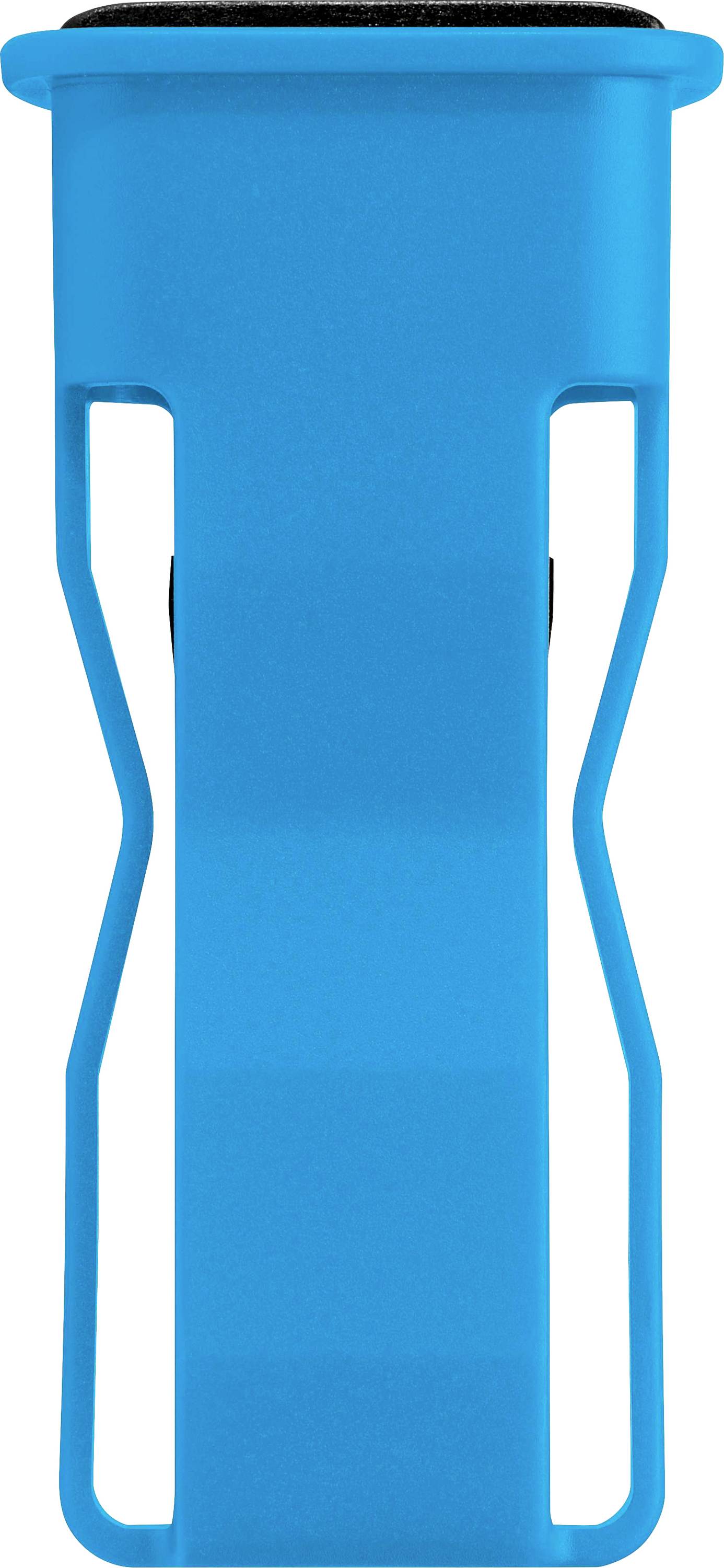 A blue plastic clothes hanger clip used for hanging garments.