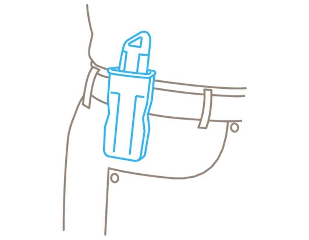 A drawing depicts a knife in a blue sheath, attached to a belt.