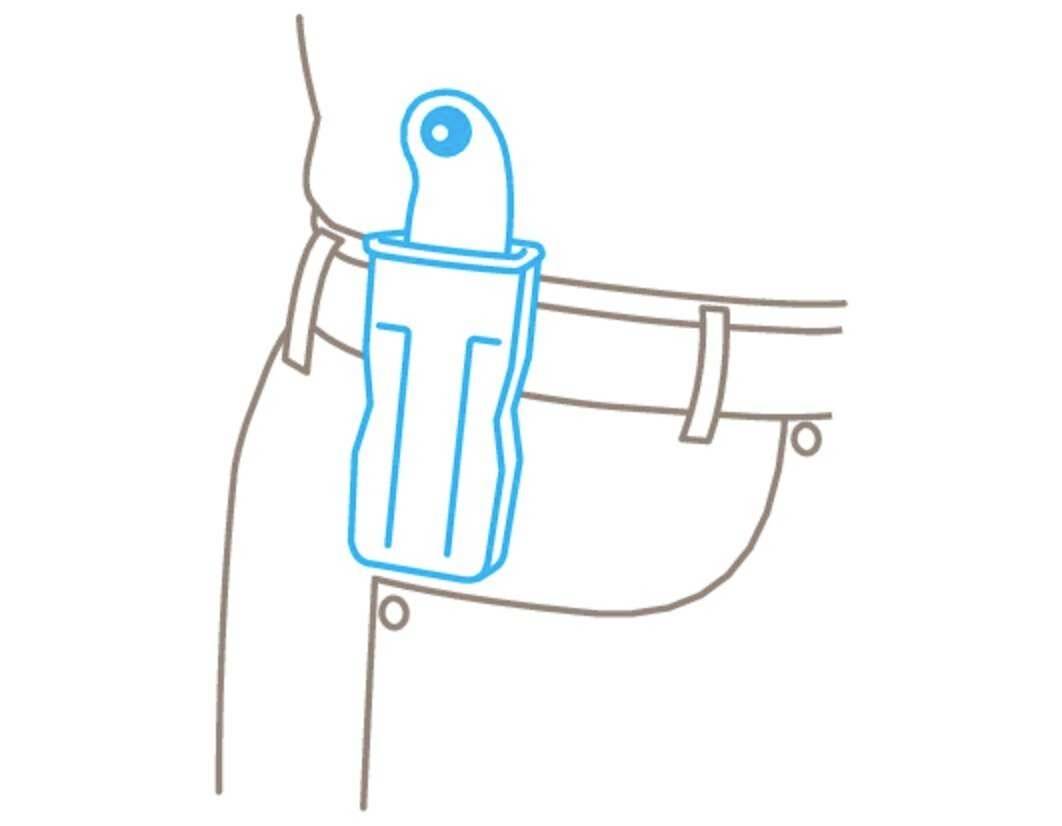 Drawing of a knife in a sheath, attached to a belt on the left side of a person.