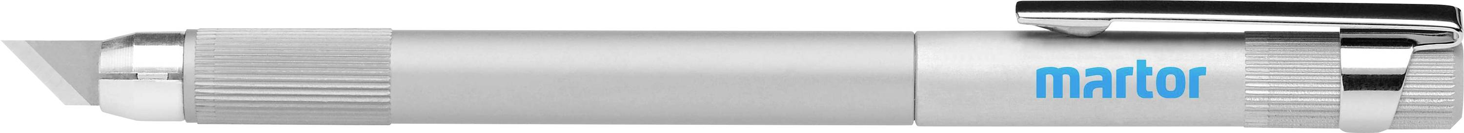 Silver safety knife with blade and 'martor' text in blue, ideal for precise cutting of materials.