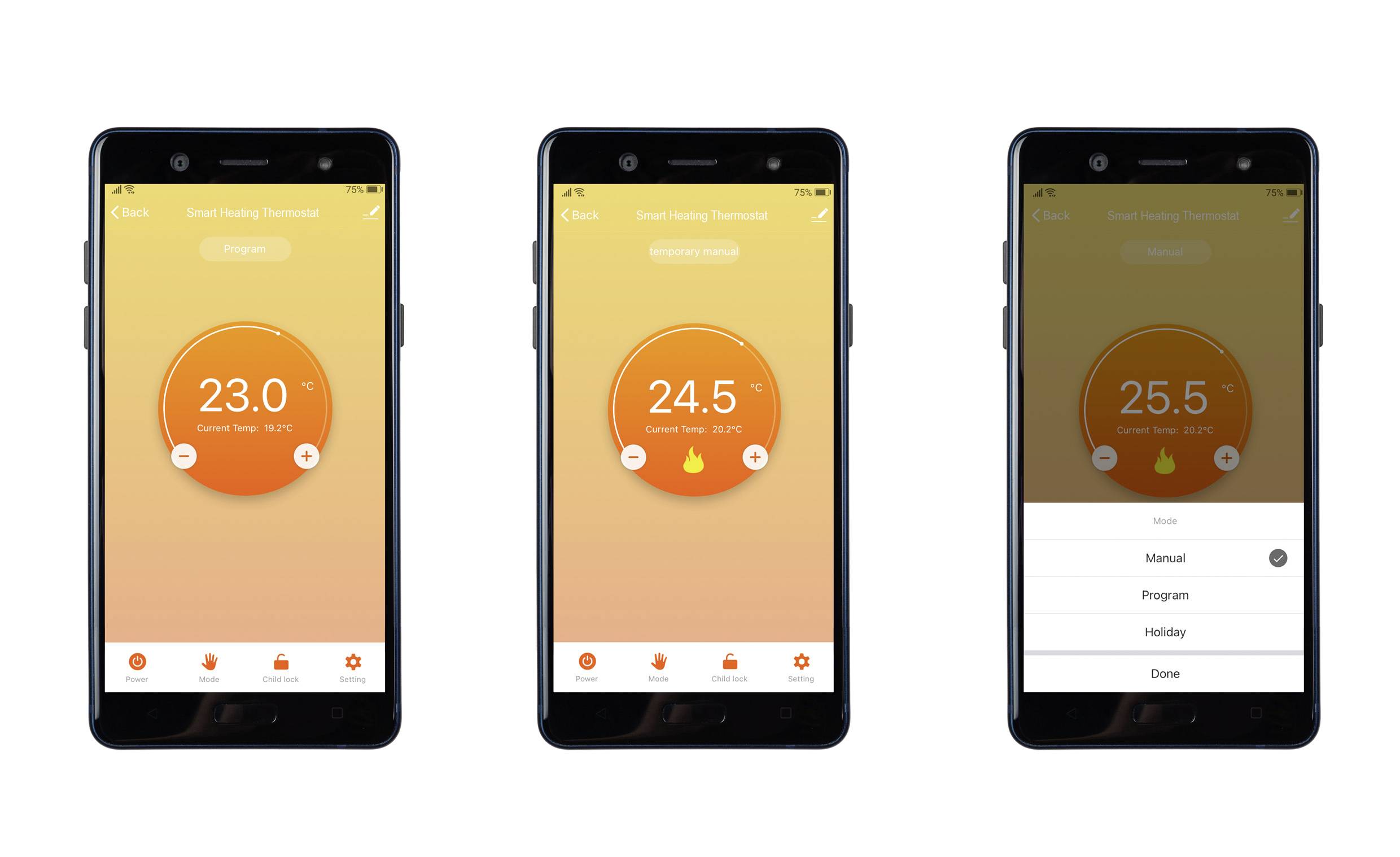 Three smartphone screens of a heating app. Left shows 23.0°C, centre 24.5°C, right 25.5°C with open menu for heating modes.