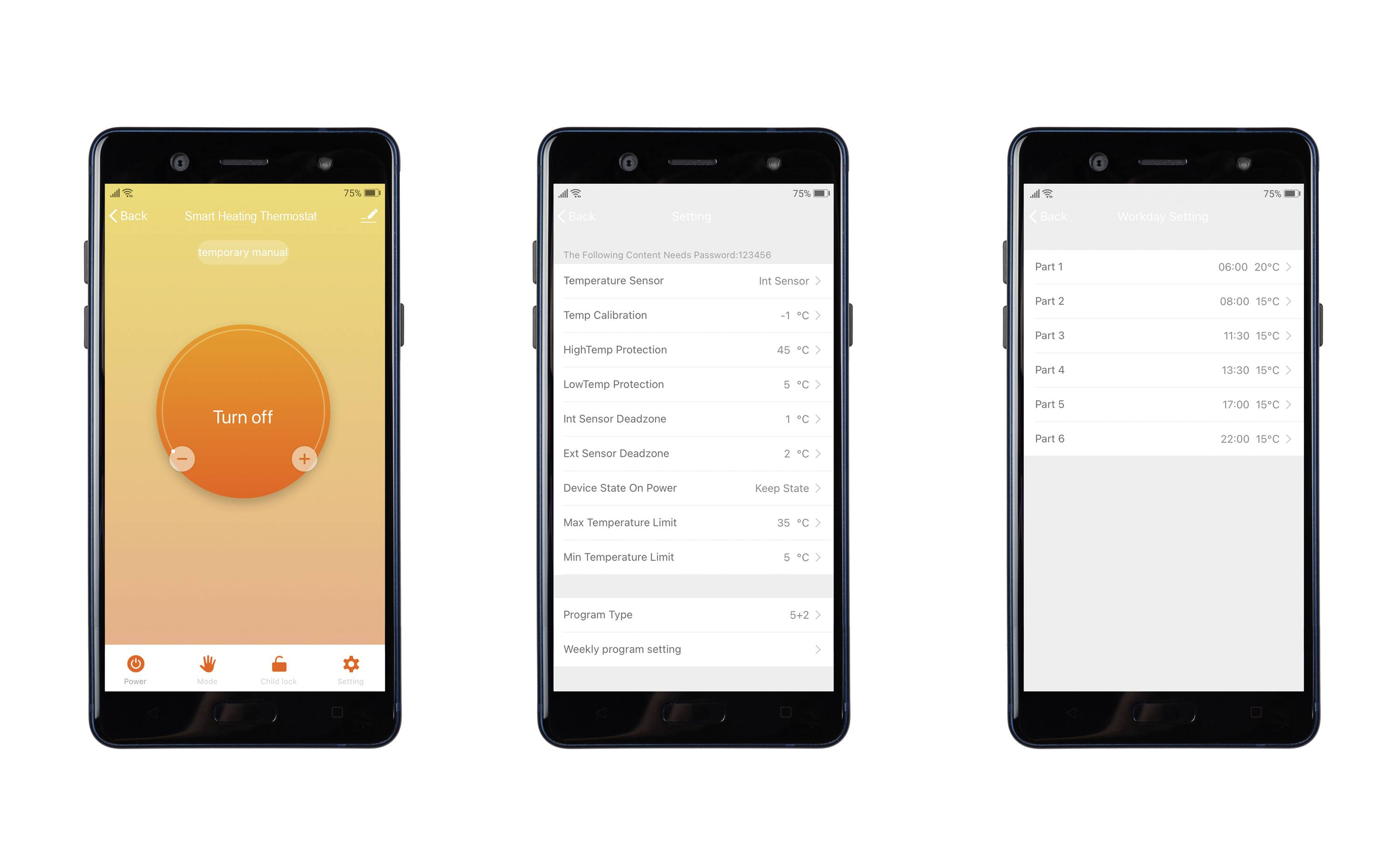 Three smartphone screens: On the left, a 'Power Off' button, in the centre sensor and status options, on the right sections with temperature display.