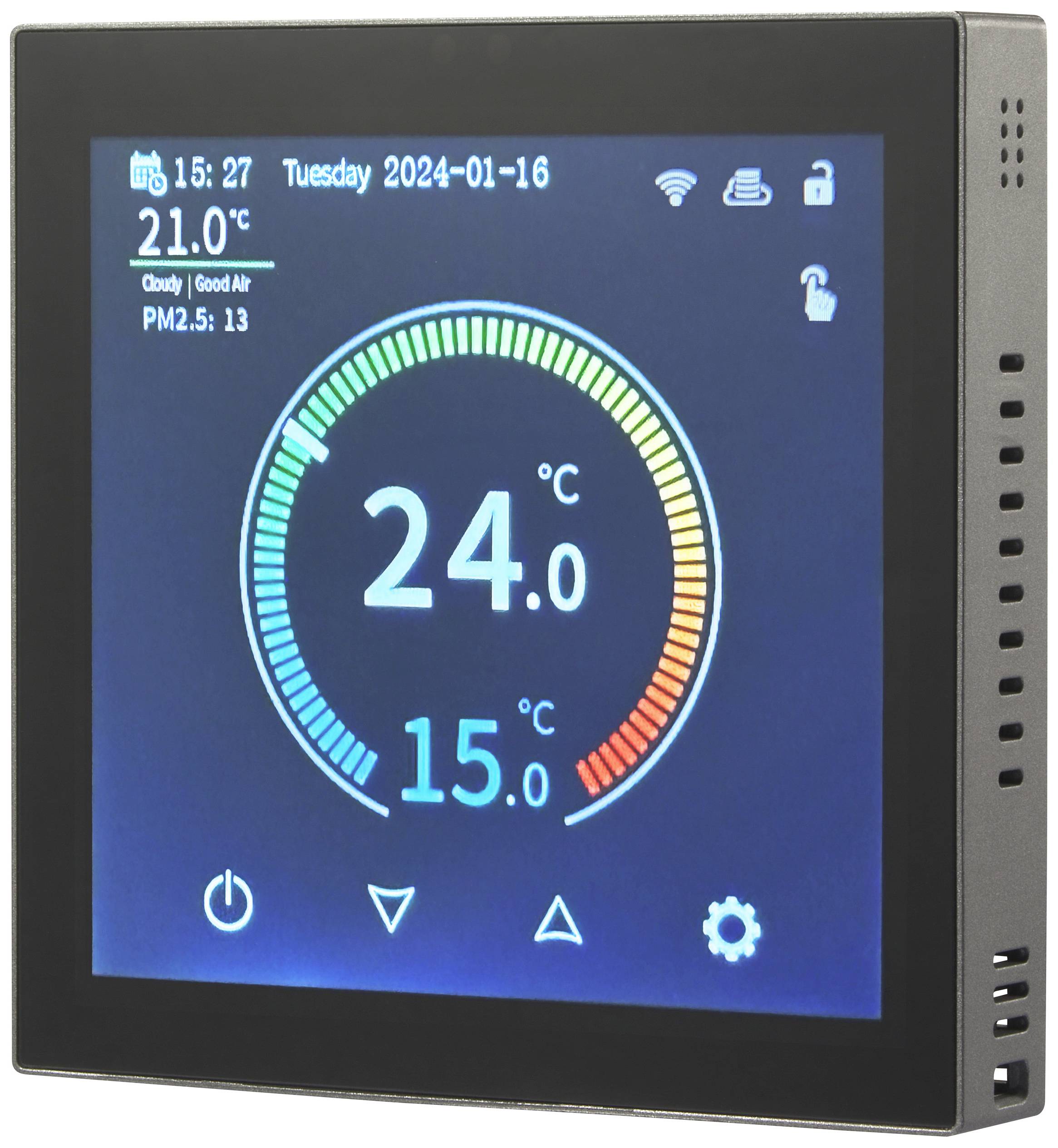 Electronic display shows environmental information: Temperature 24°C, Air Quality 'Good Air'. Date and time at the top.