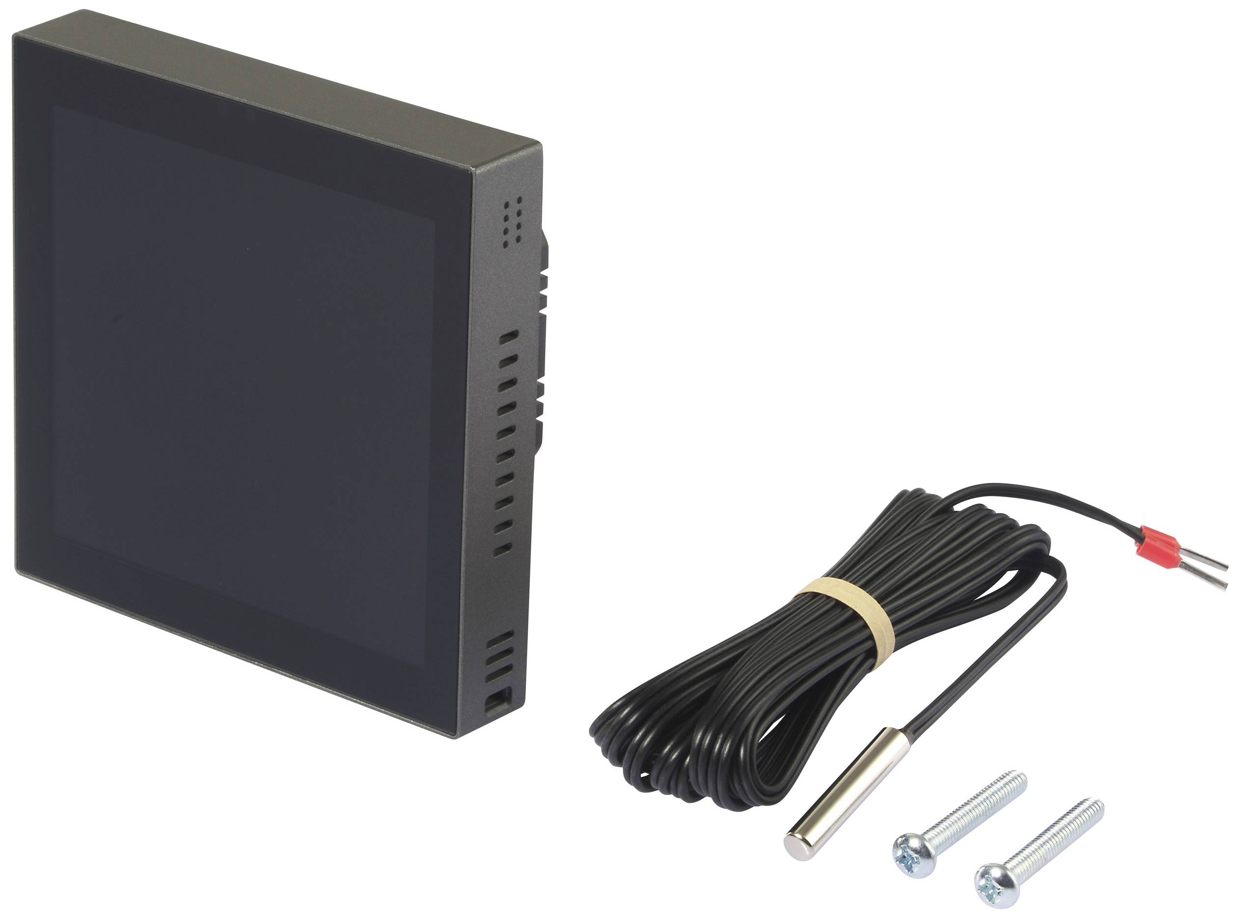 A black display device with a cable and two screws beside it. The cable has a metal sensor at the end.
