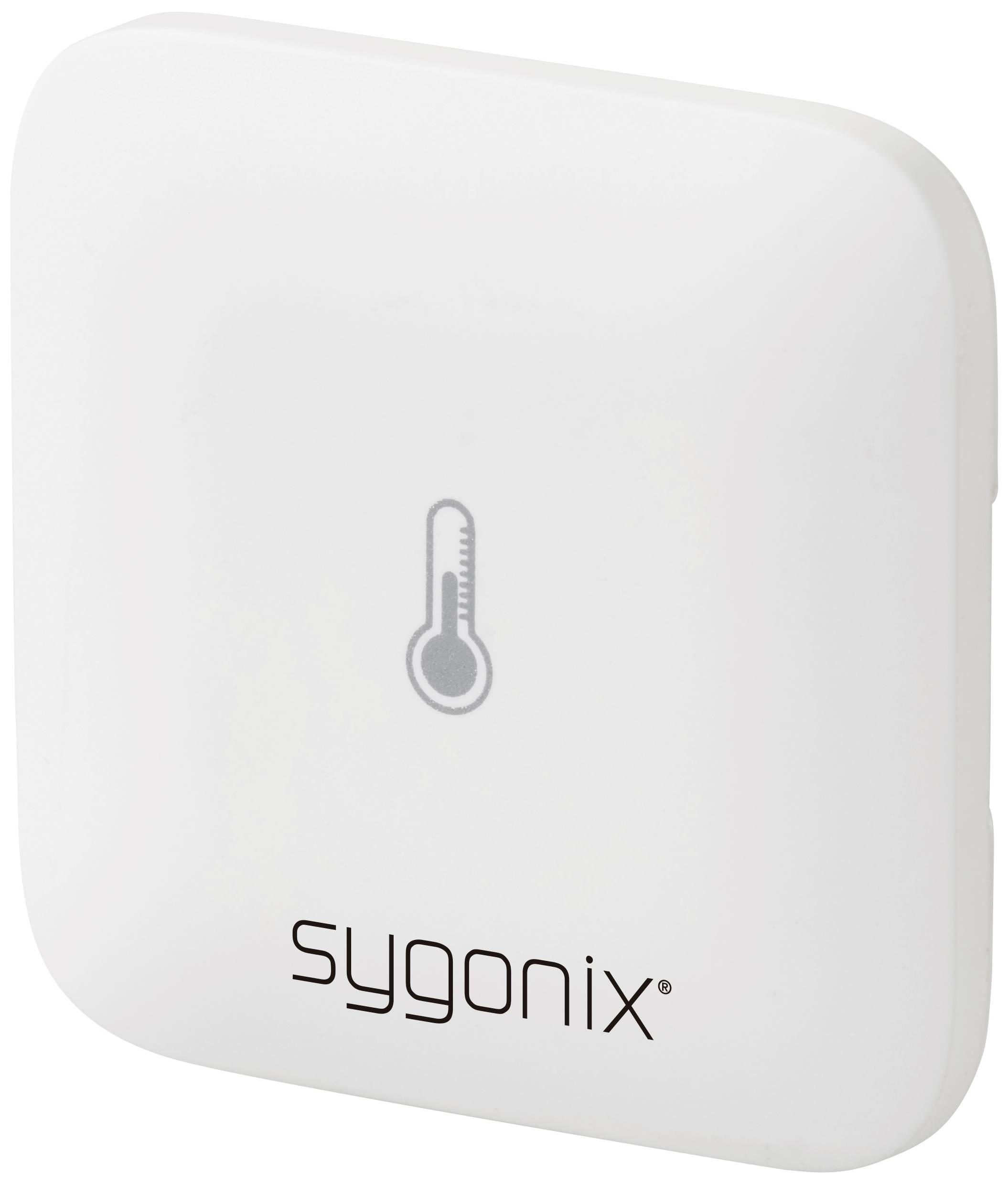 White square sensor box with a thermometer symbol and the brand name 'sygonix' on the front.