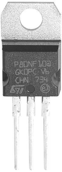 'STP80NF10' Transistor with three metal terminals. The component has a rectangular base shape and is suitable for electronic circuits.