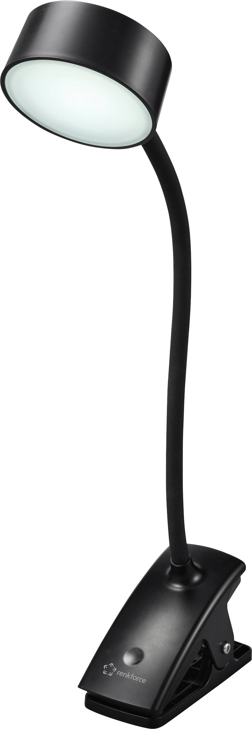 Black desk lamp with flexible neck and clamp base, suitable for attaching to various surfaces for focused lighting.