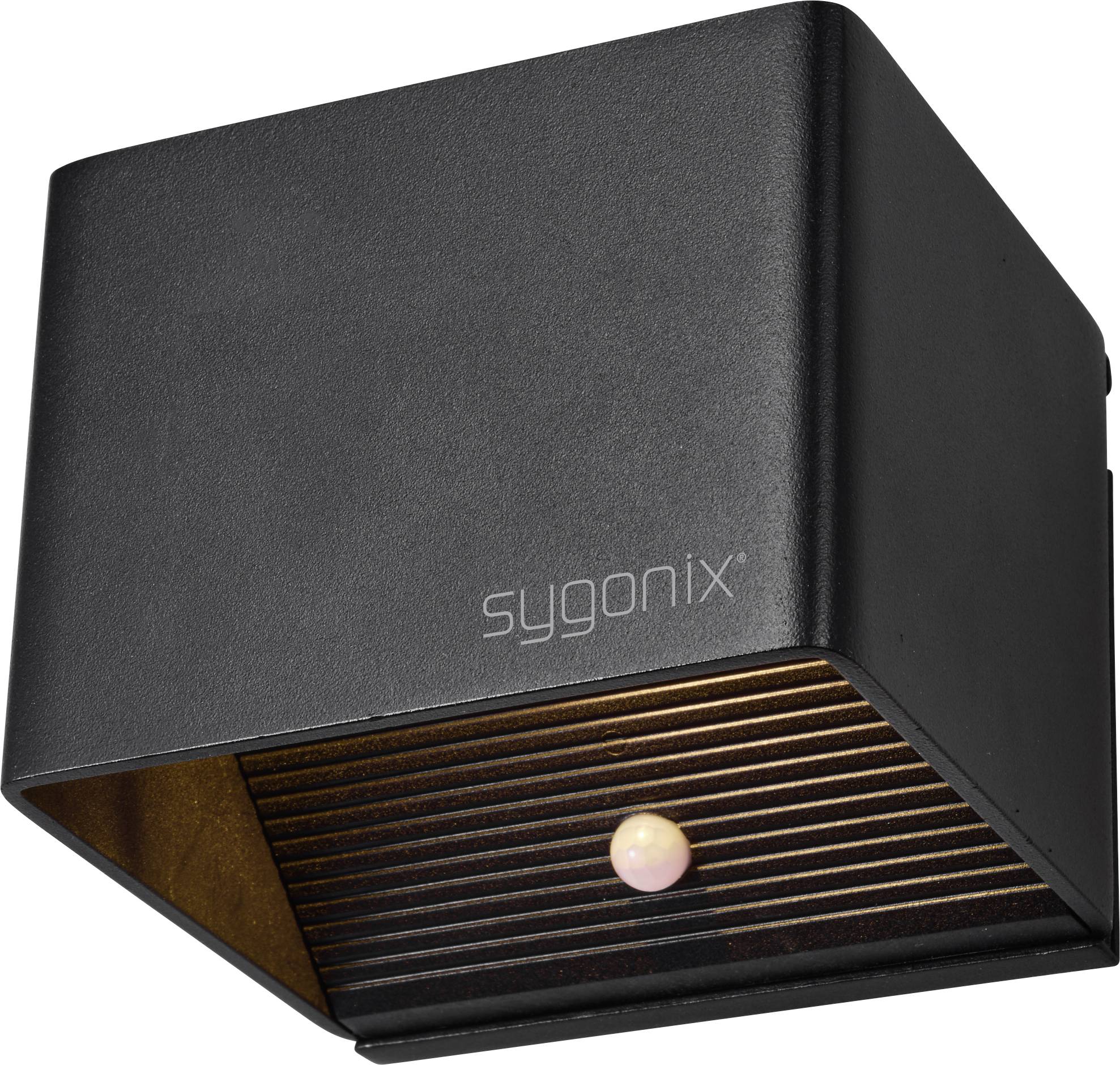 Black outdoor wall light with motion sensor and visible 'sygonix' lettering.