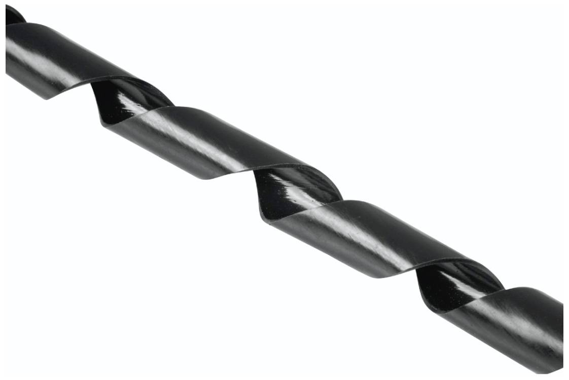 Black spiral drill bit against a white background, rotated anticlockwise, showing a spiral-edged cutting surface for drilling into materials.