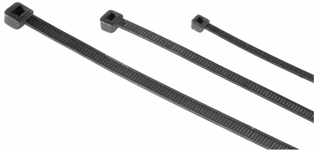 Three black cable ties in different lengths, from small to large, are laid side by side on a white surface.
