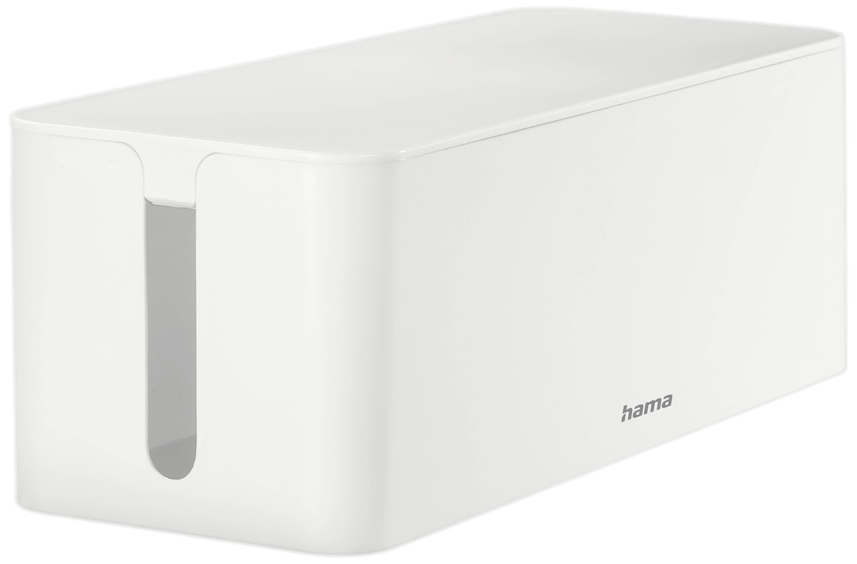 A white cable organiser by the brand 'hama', rectangular with rounded corners and a slot at the front for routing cables.