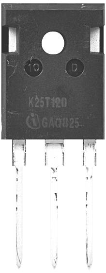 A black transistor labelled 'K25T120', with three metal terminals at the bottom and a circular opening at the top for mounting purposes.