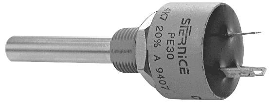 A cylindrical electrical resistor with metal housing and connection pins, labeled with technical specifications.