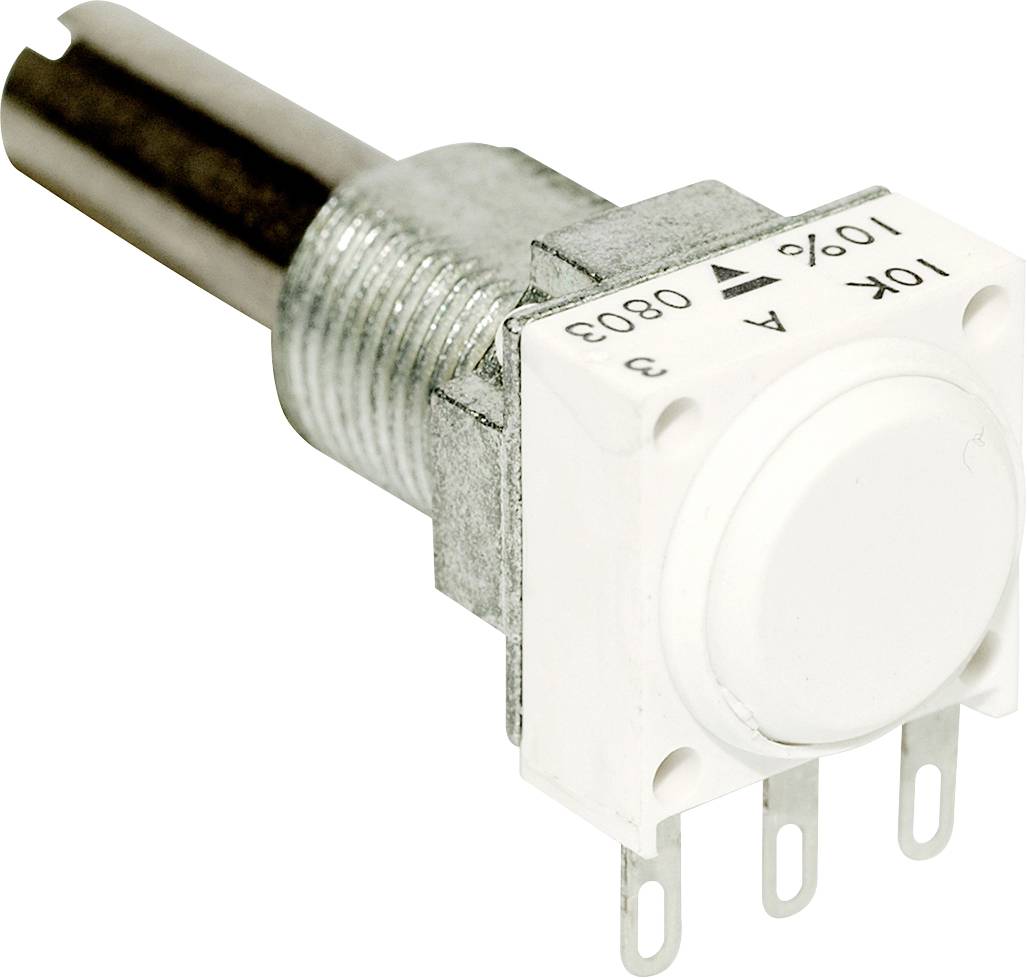 A rotary potentiometer with four pins, mounted on a metal cylinder. Suitable for electronic gain control.