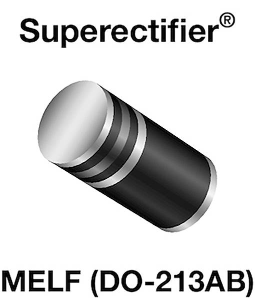 'Superrectifier MELF (DO-213AB)' component, cylindrical in shape with silver-coloured ends and black bands.