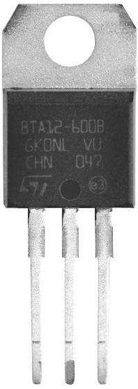 Three-legged electronic component in TO-220 package form, labelled BTA12-600B. Frequently used as a power transistor.