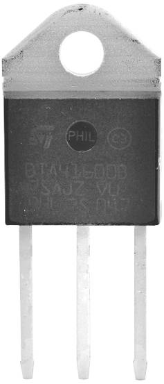 A transistor with three terminals and a metal casing for cooling. Inscription: BTA41 600B, manufacturer STMicroelectronics.