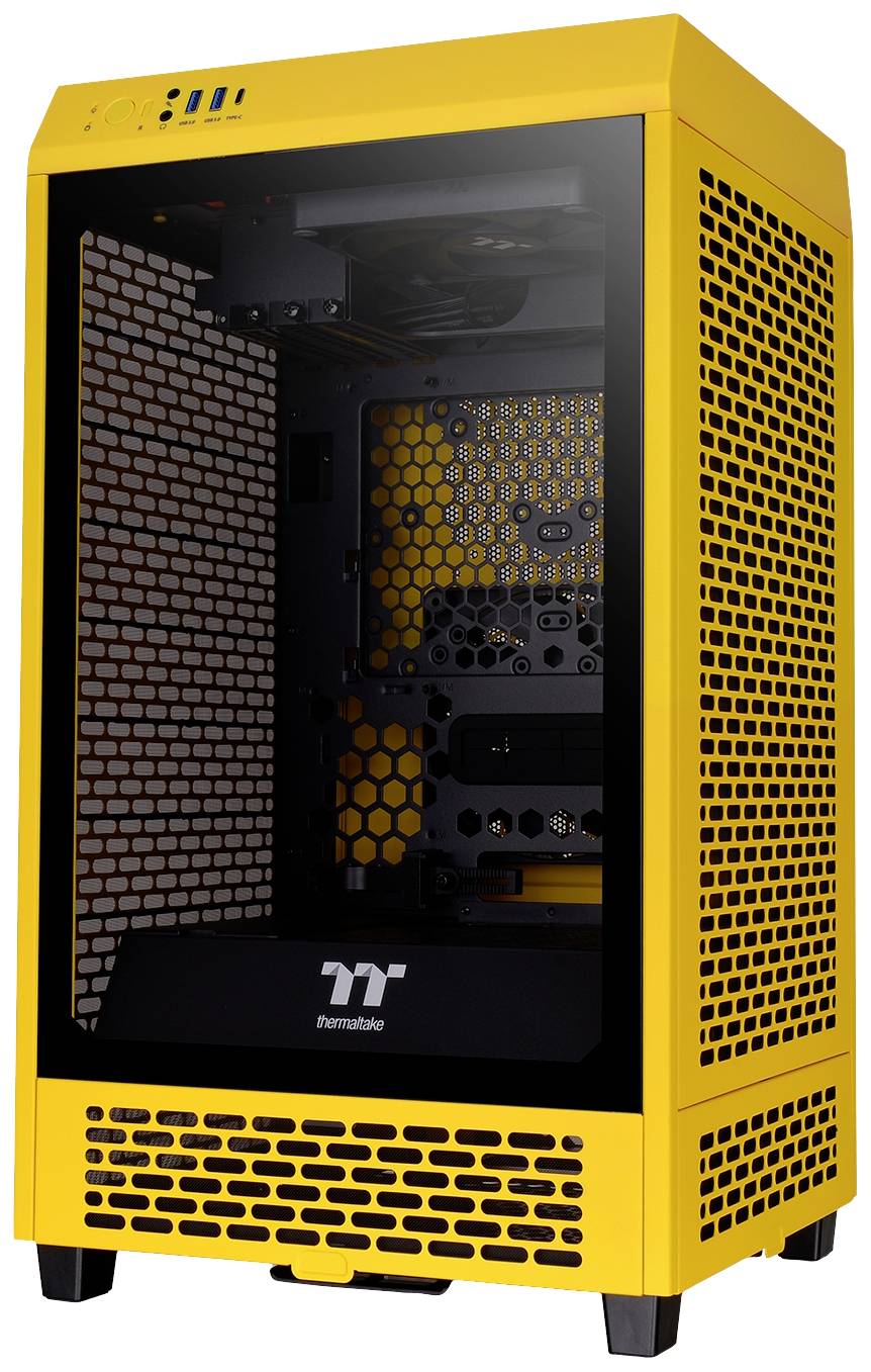A yellow computer case with a transparent side window, revealing the interior housing hardware components and a distinctive ventilation grille design.