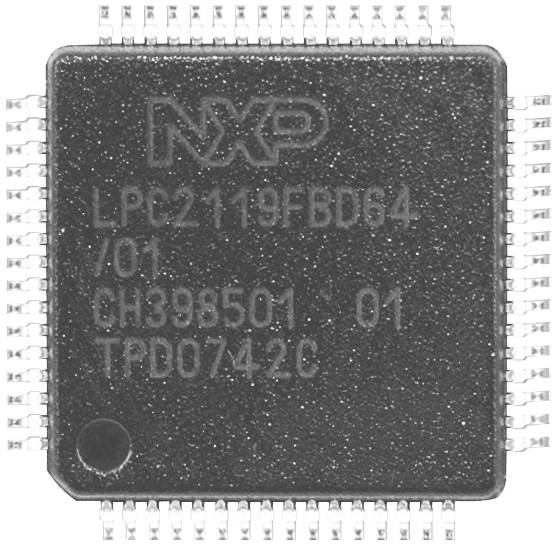 A microcontroller chip marked 'NXP LPC2119FBD64'. The chip has numerous pins along its sides for electronic connections.