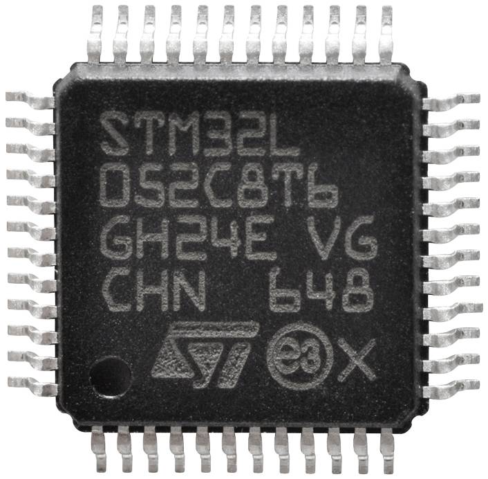 'STM32L052C8T6' microcontroller chip by STMicroelectronics, square black shape with 48 silver pins.