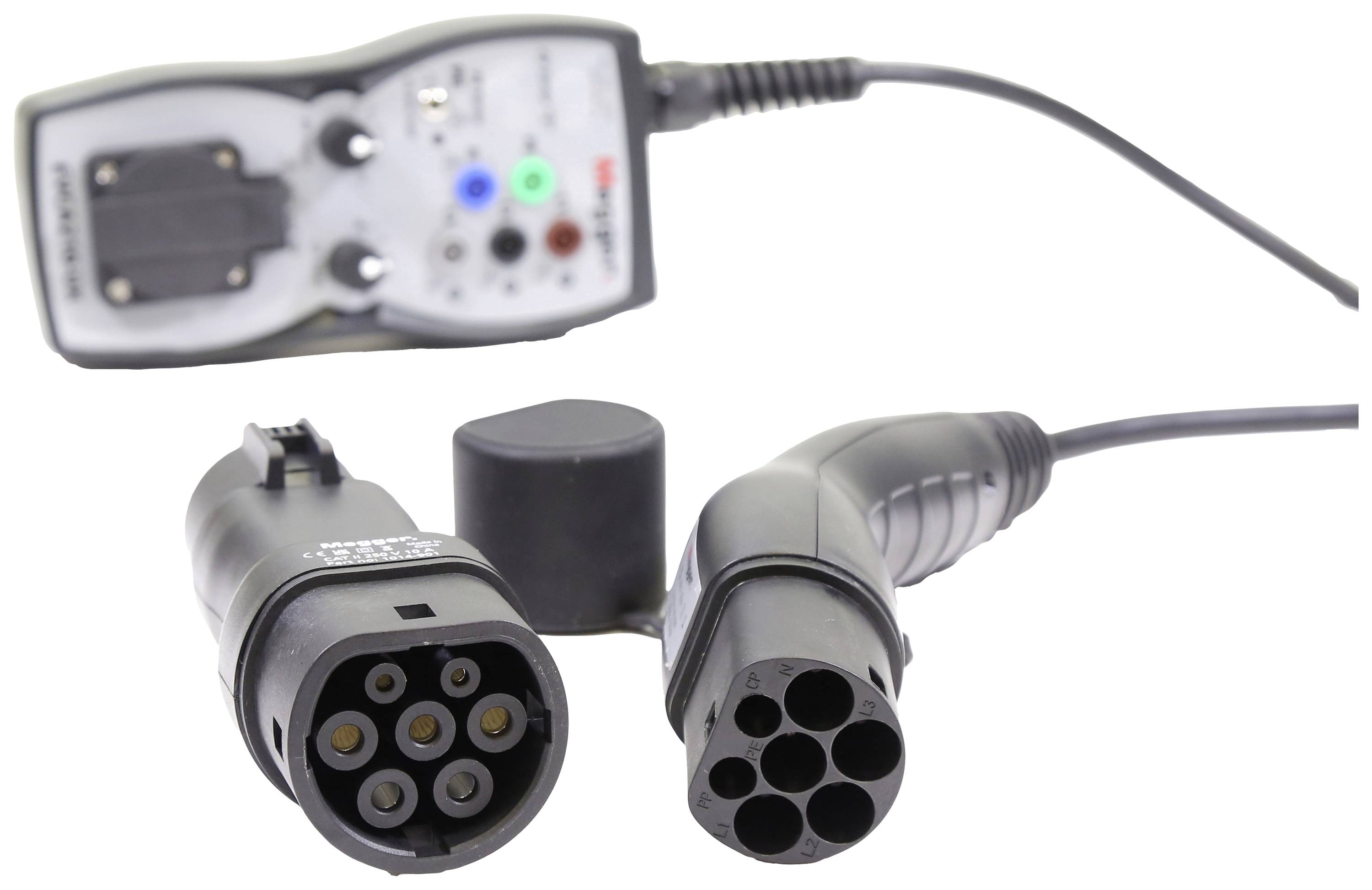 Adapters and charging cables for electric vehicles, close-up. Shows various connectors and plug components.