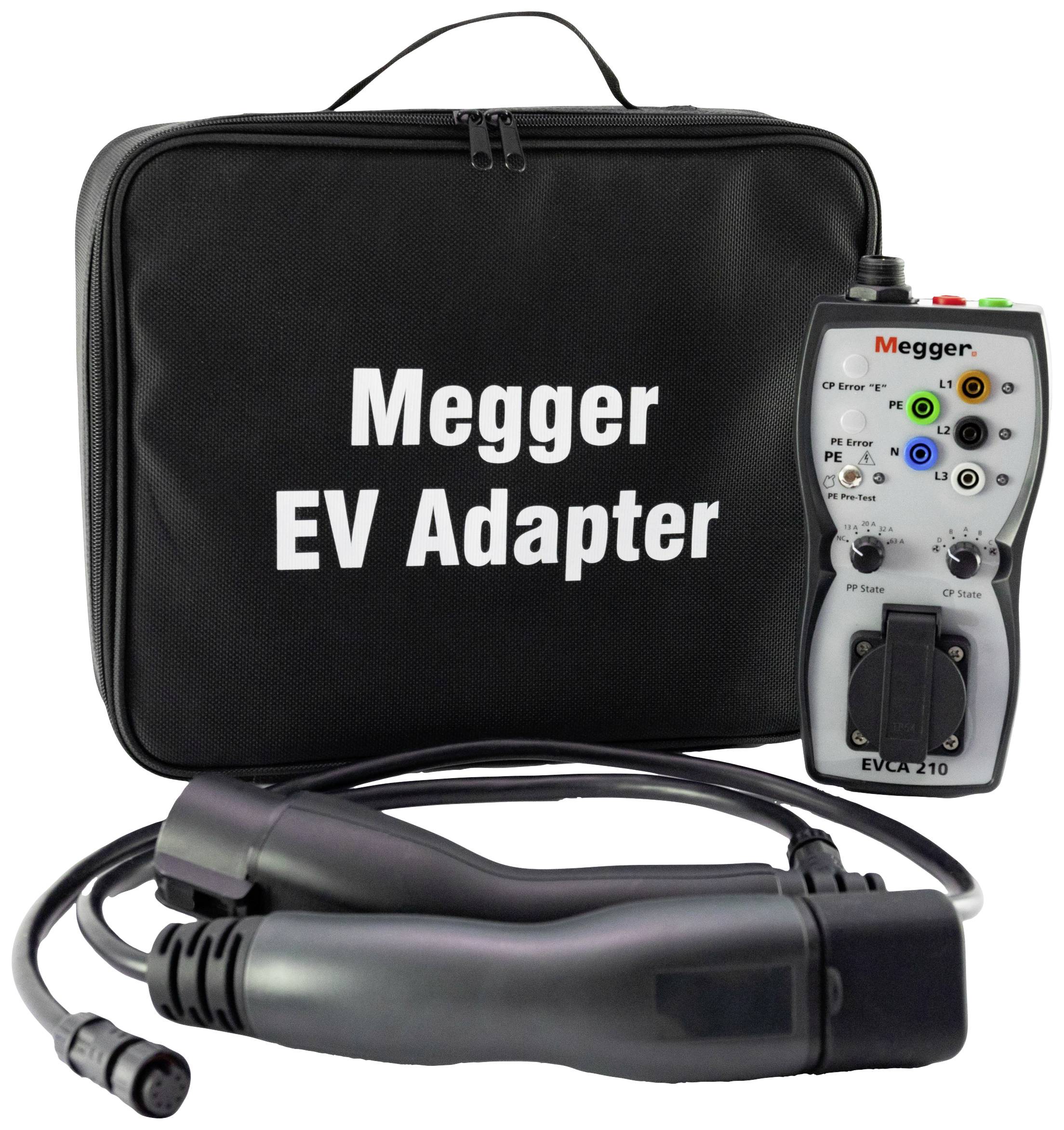 'Megger EV Adapter' Case with Charger and Cables for Electric Vehicles. Main Device Shows Status Lights and Various Connections.
