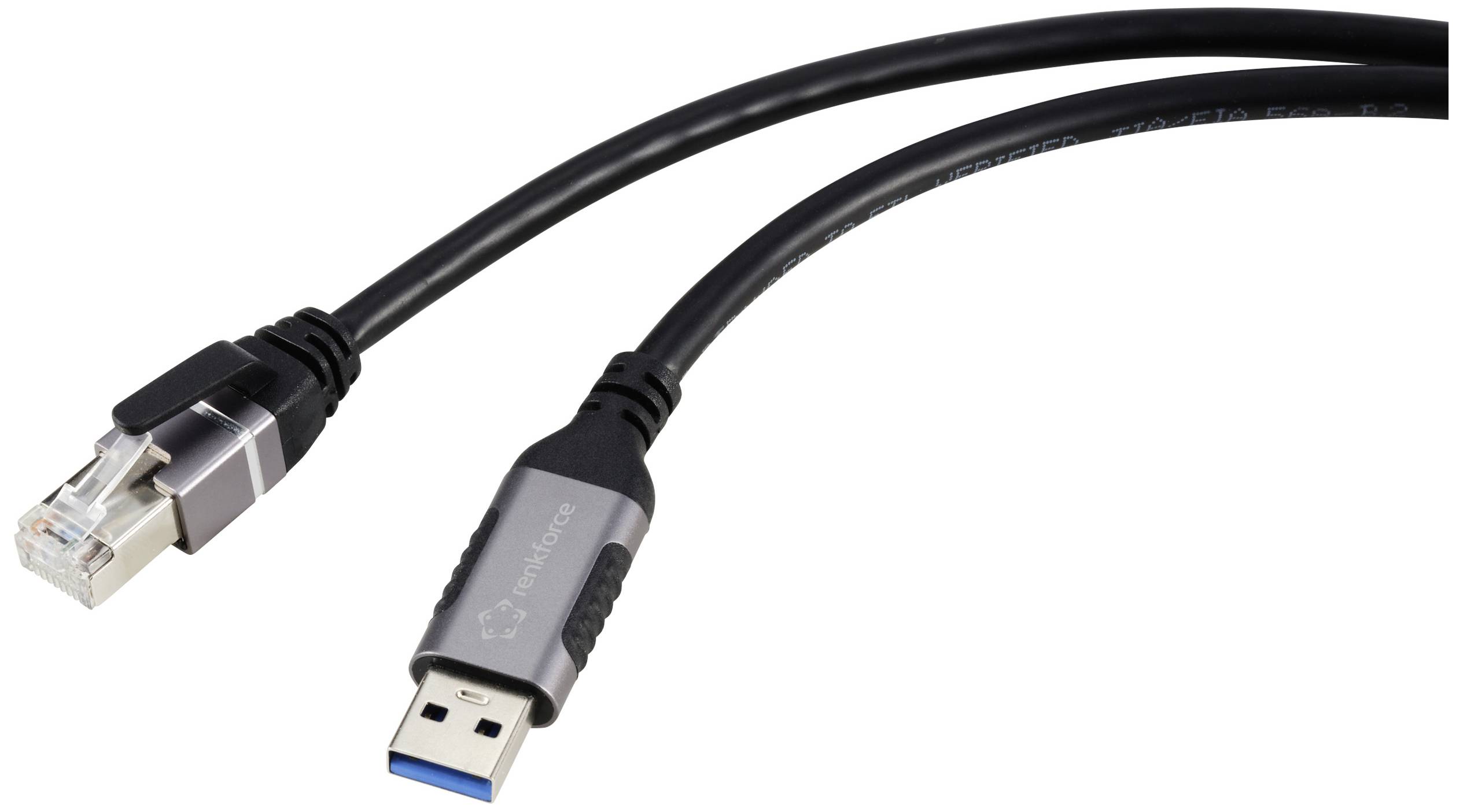 A black cable with a USB plug on one side and an Ethernet plug on the other side, set against a white background.