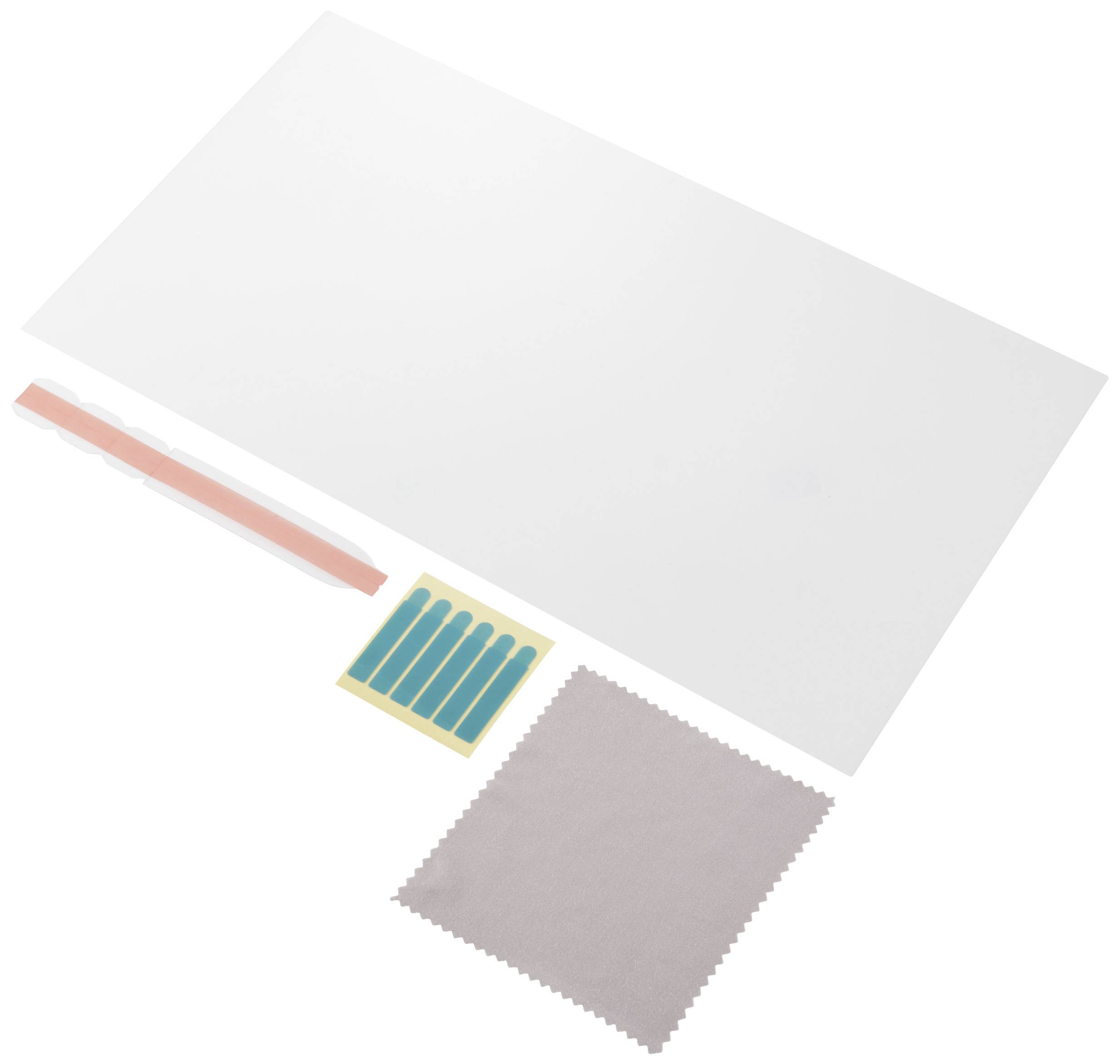 A display protection set consisting of a transparent film, a cleaning cloth, blue stickers, and a light red tool.
