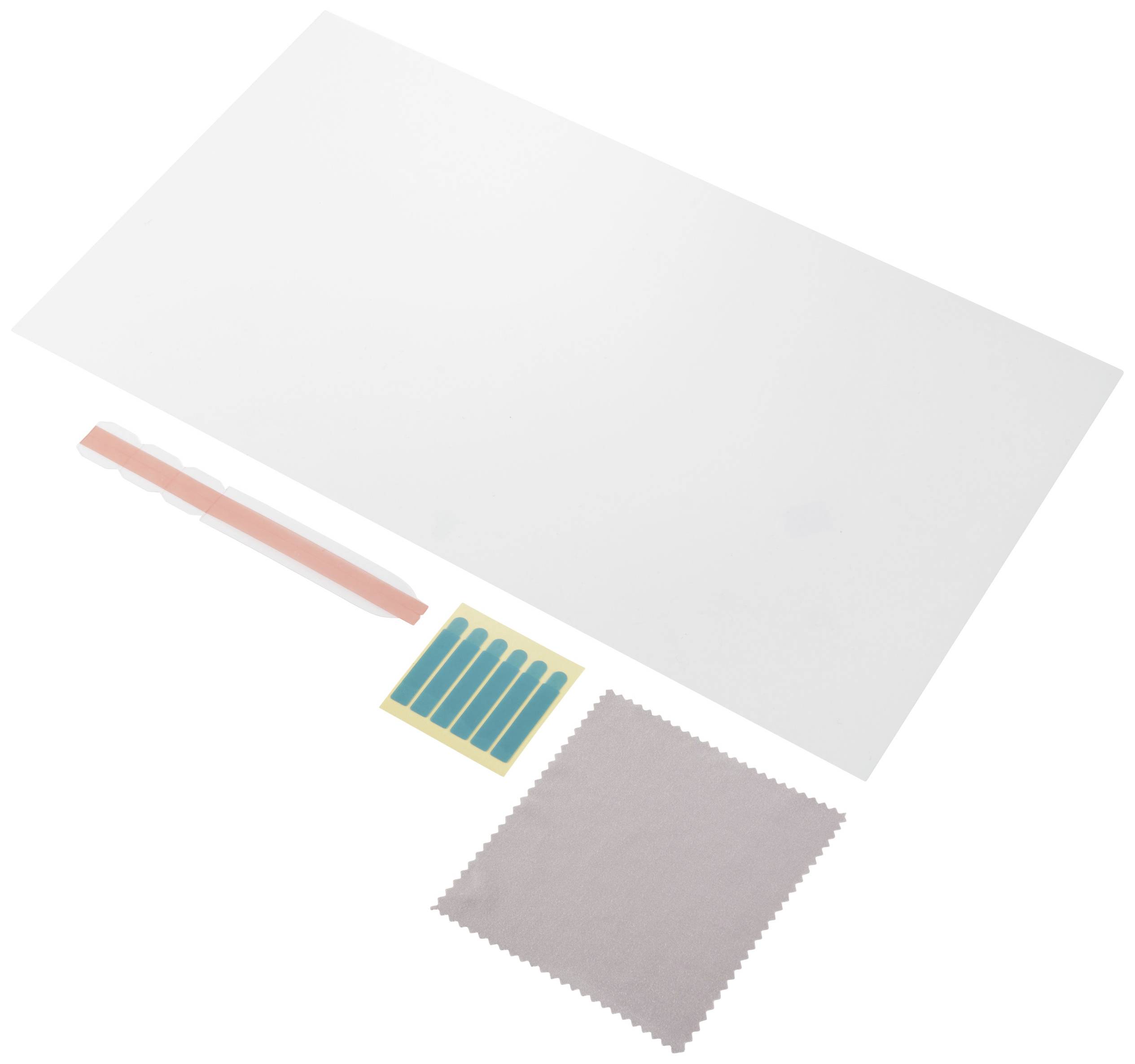A cleaning wipe, several blue stripes and a pink pen are lying on a white, possibly self-adhesive film.