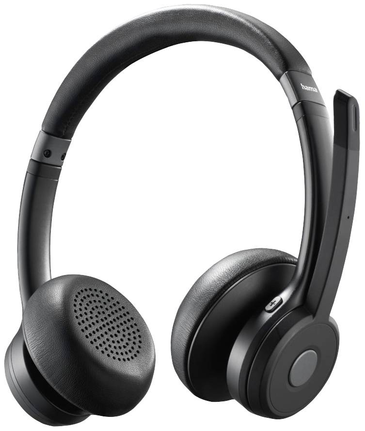 Black over-ear headphones with microphone, suitable for listening to music and making phone calls.