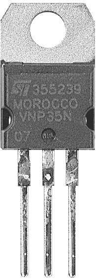 Three-pole transistor labelled 'VNP35N' and 'Morocco'. It is silver and black, with two mounting holes at the top.