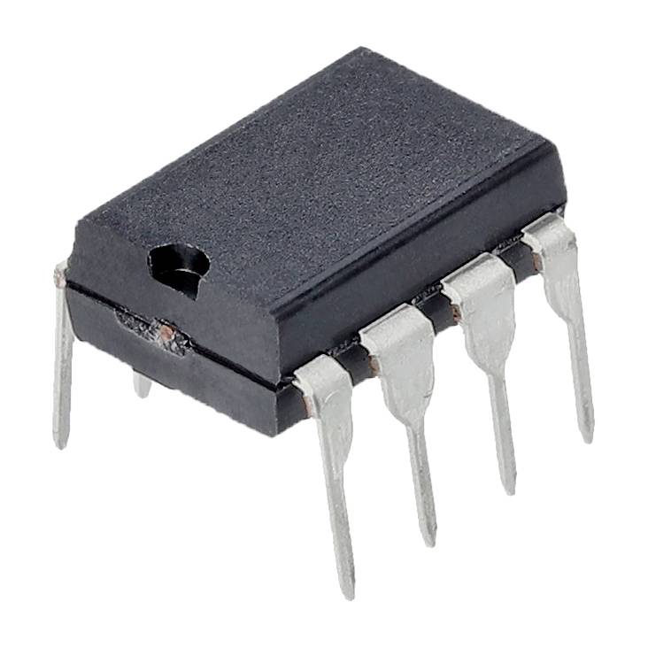 A black integrated circuit with eight metal pins, symmetrically arranged, on a white surface.