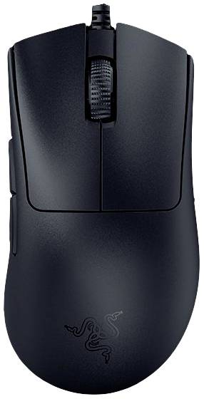A black computer mouse with an ergonomic design, scroll wheel and two side buttons, suitable for precise and comfortable working.