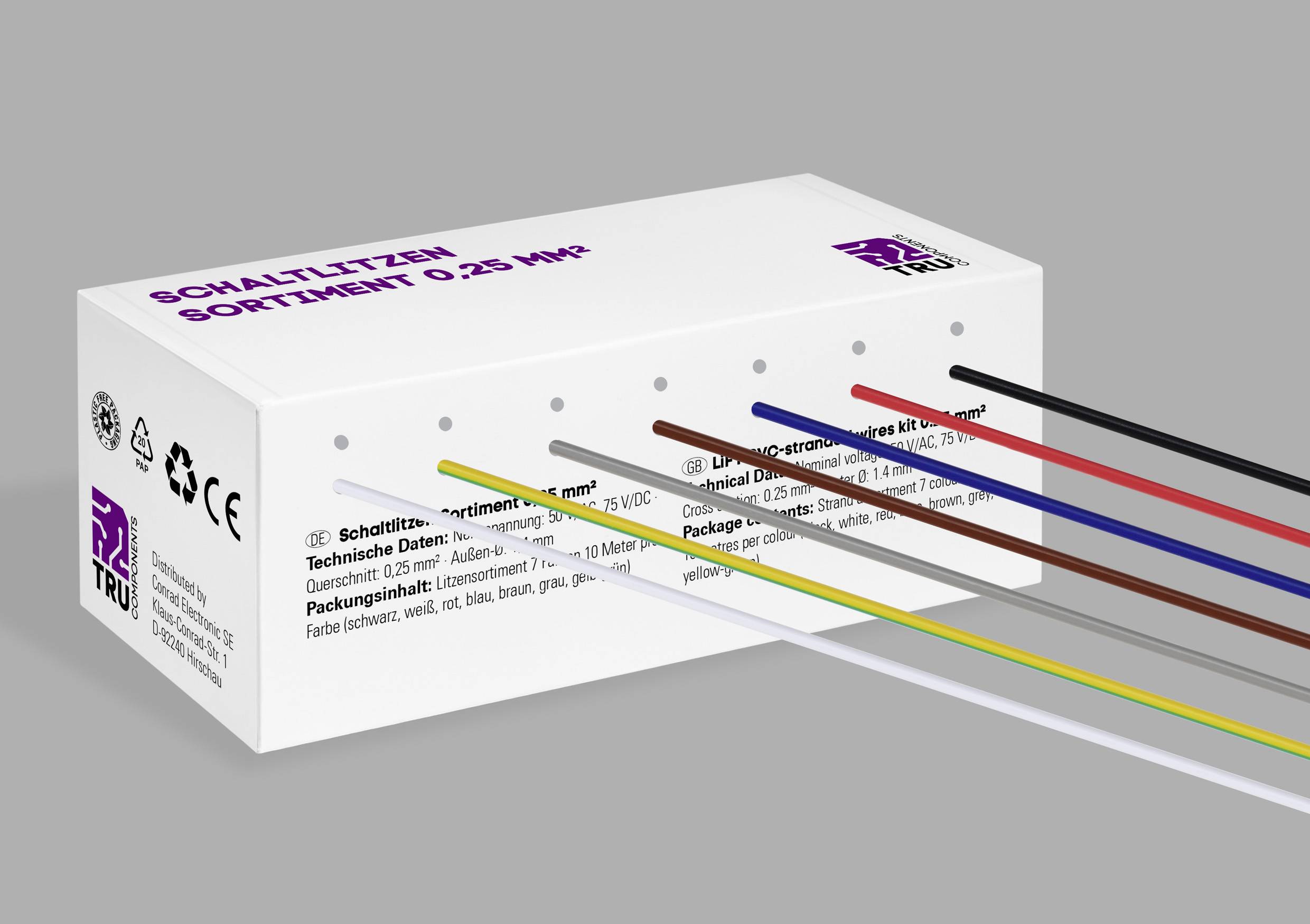 Box with the label 'Quick Connection Set', from which multi-coloured cables are emerging. Recycling and CE symbols.