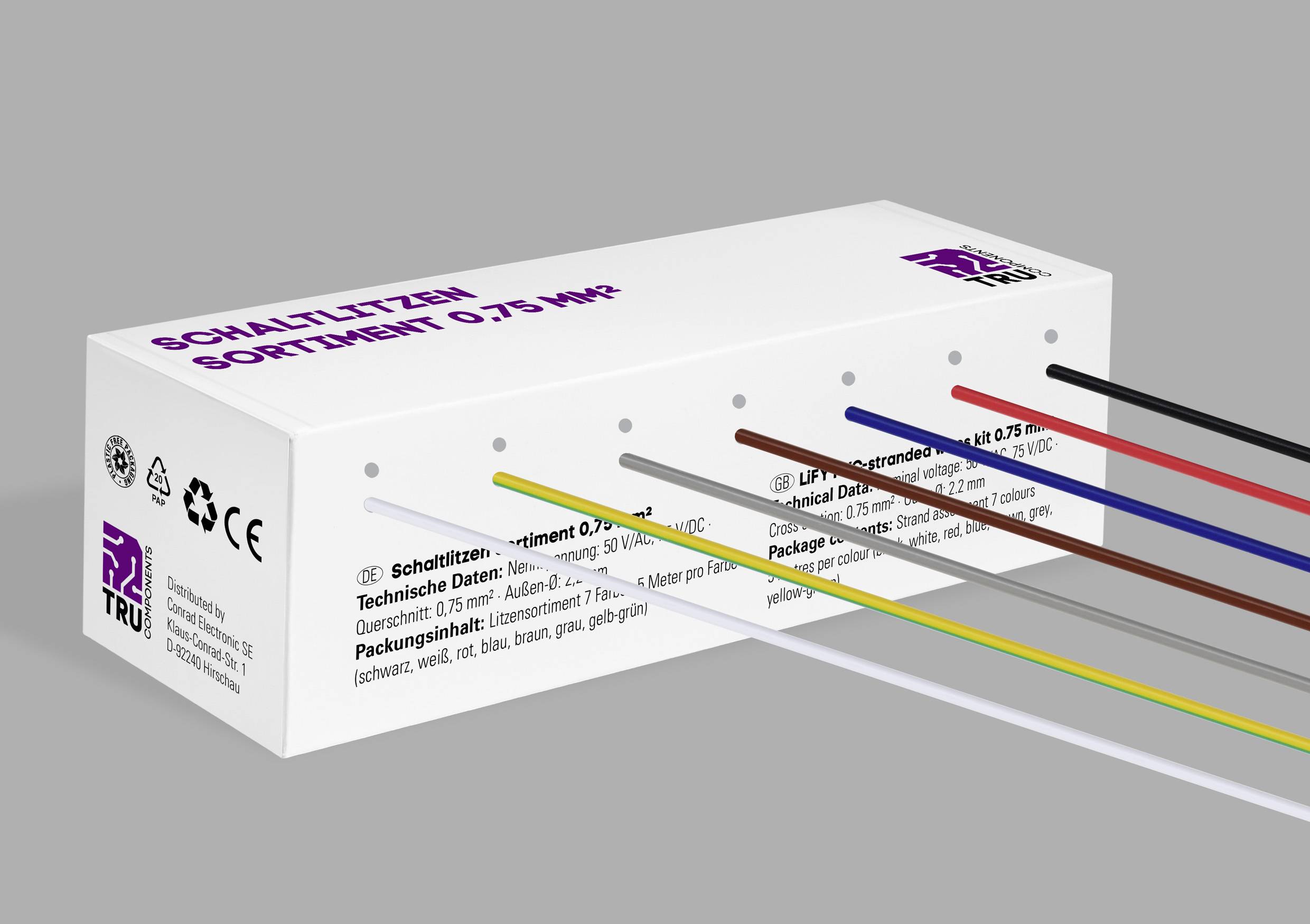 The image shows a package of connecting wires, sorted in various colours. The wires are labelled and run from left to right.