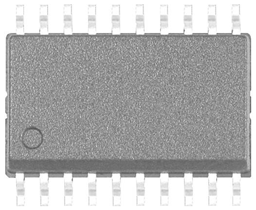 A gray integrated circuit with 16 metal pins, symmetrically arranged. Main component of electronic devices.