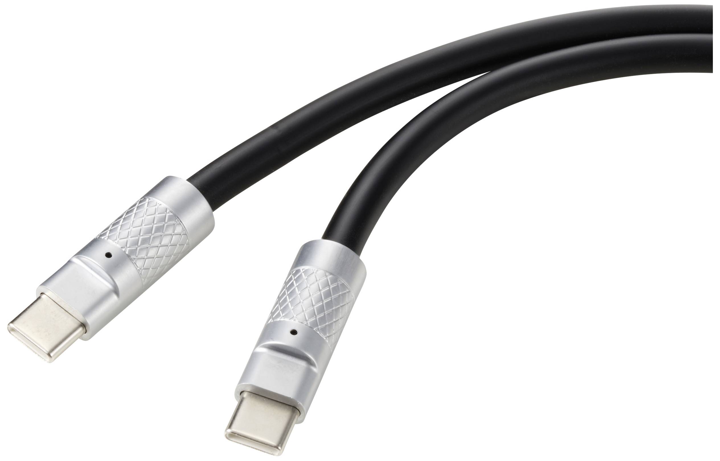 Two USB-C cables with silver connectors and black sheathing, enabling connection between devices.