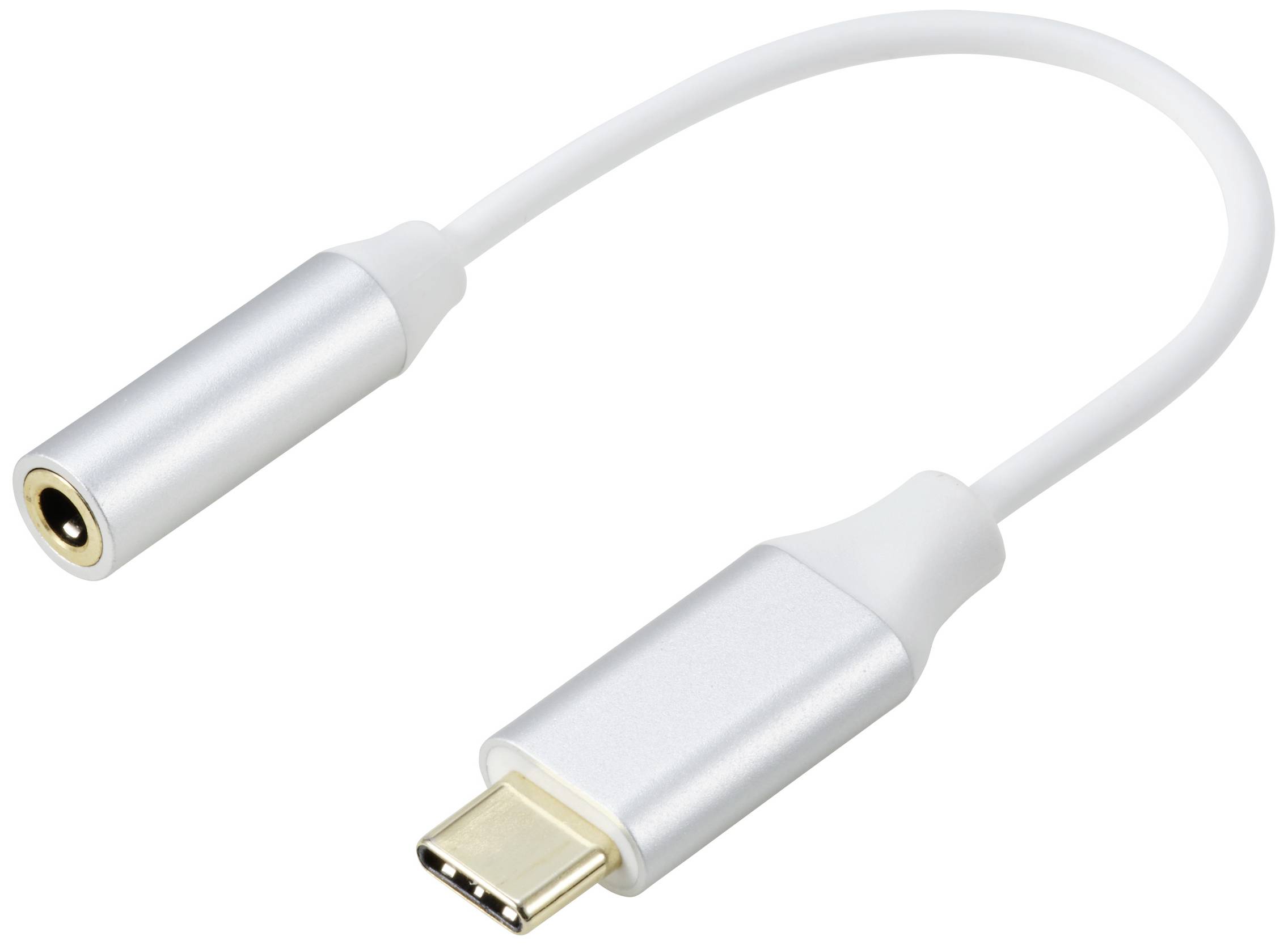 A USB-C to headphone adapter in silver on a white background.