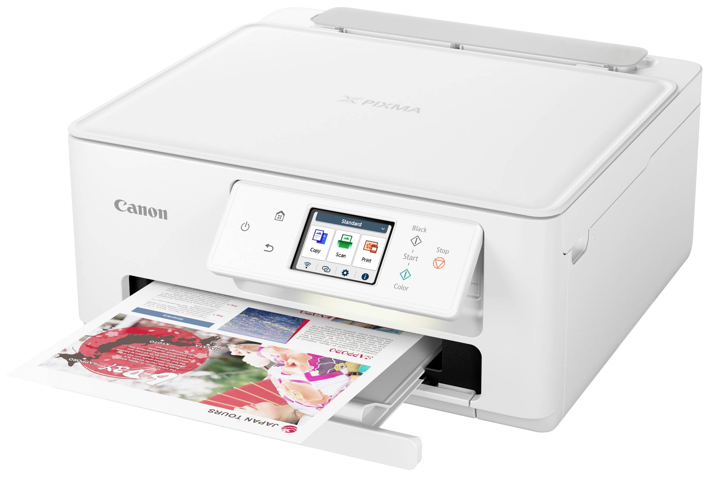 A white Canon printer with a display and various control buttons. A printed colour sheet is being output from the printer.