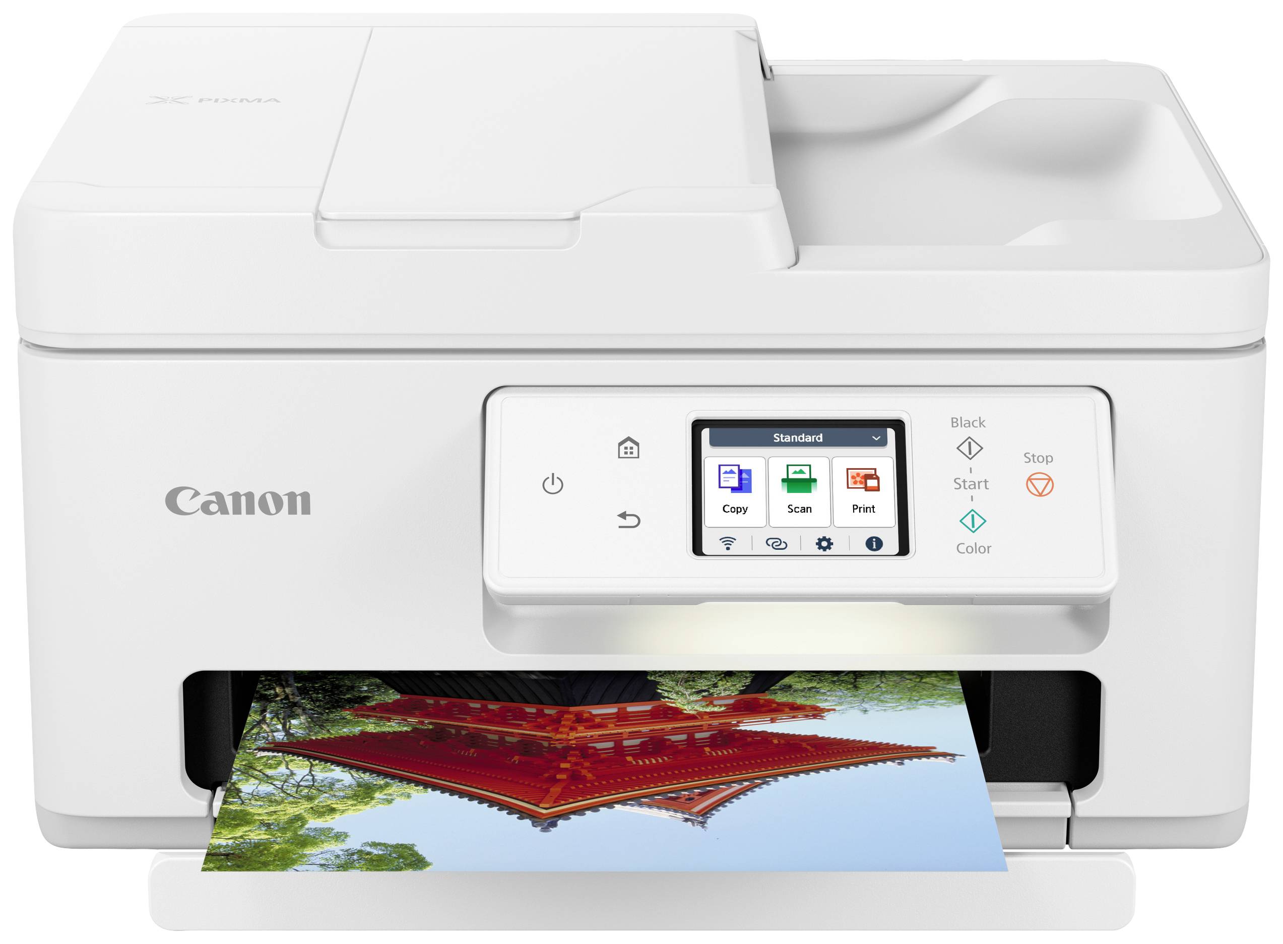 A white multifunction printer is printing a photo of a red pagoda building. The touchscreen displays print options.