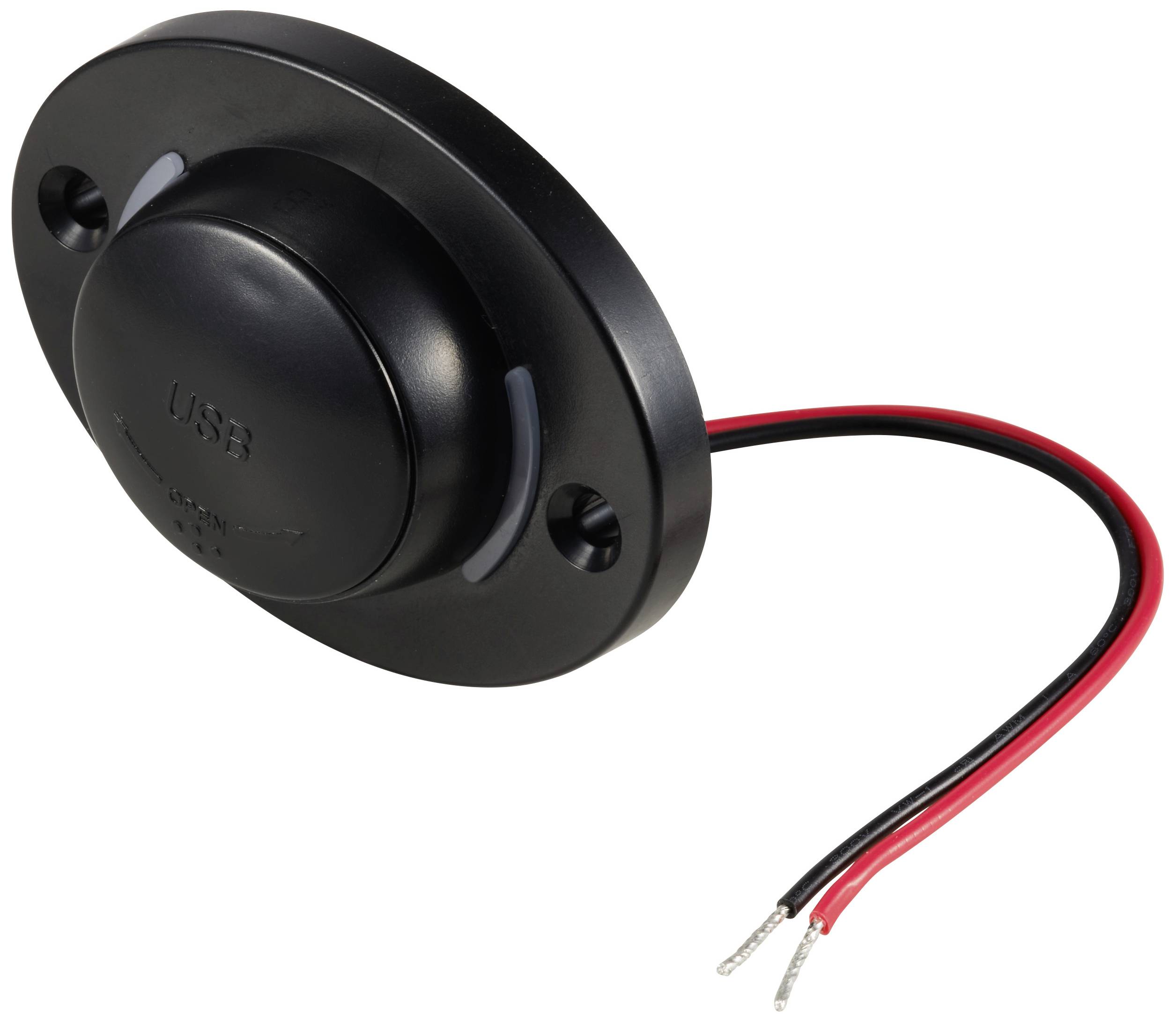 A black round USB socket with two protruding cables, one red and one black, for electrical connection.
