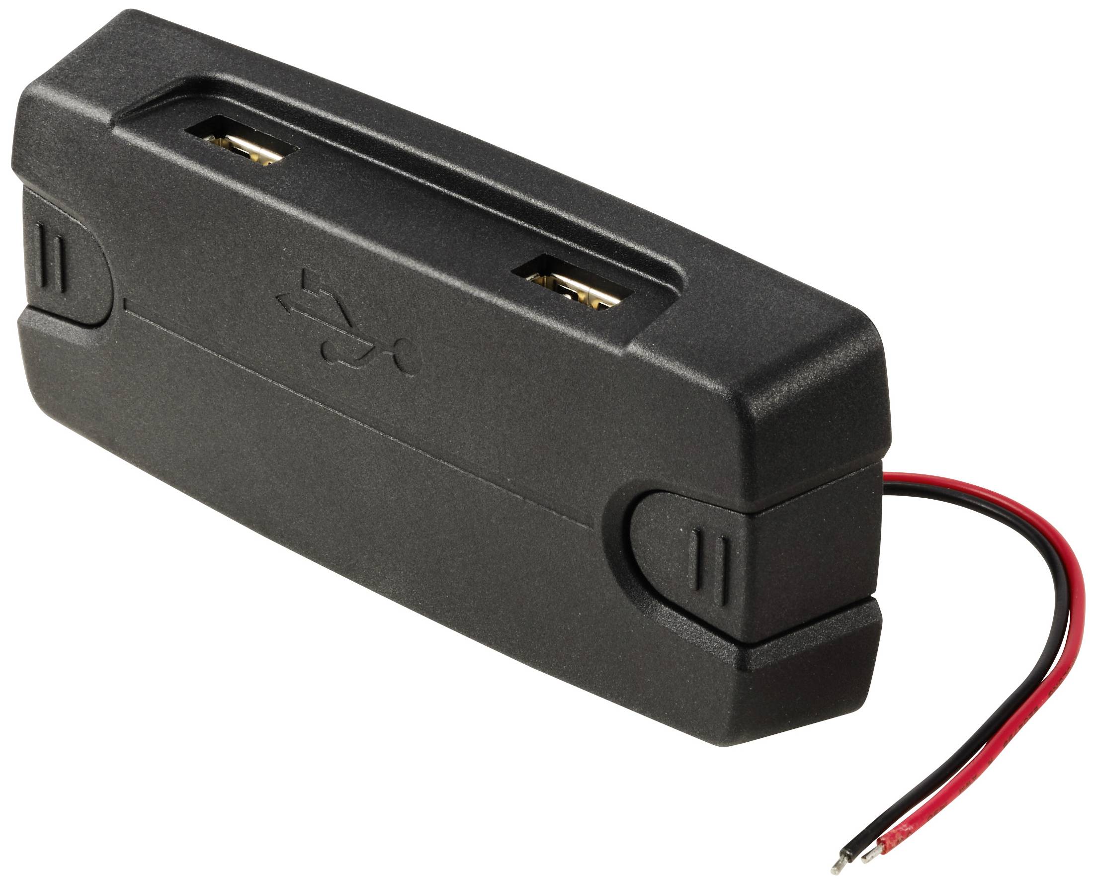 Black battery holder with two USB ports and two protruding cables, one red and one black.