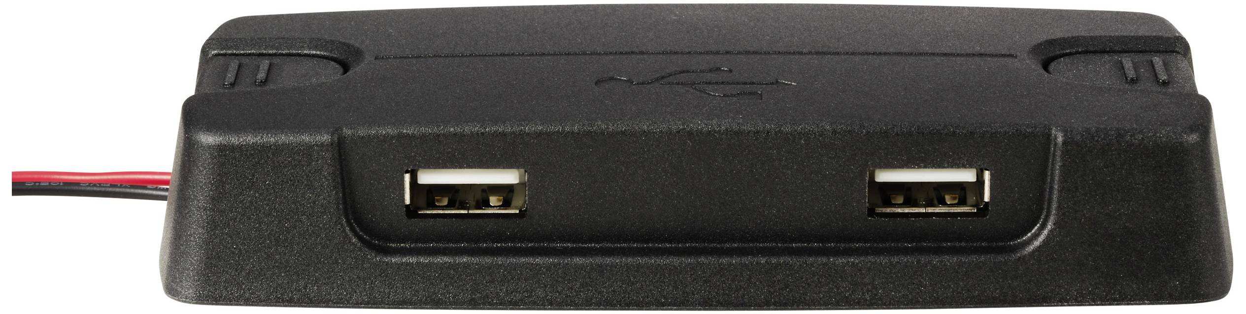 Black USB hub with two USB ports, connected by a cable on the left side.