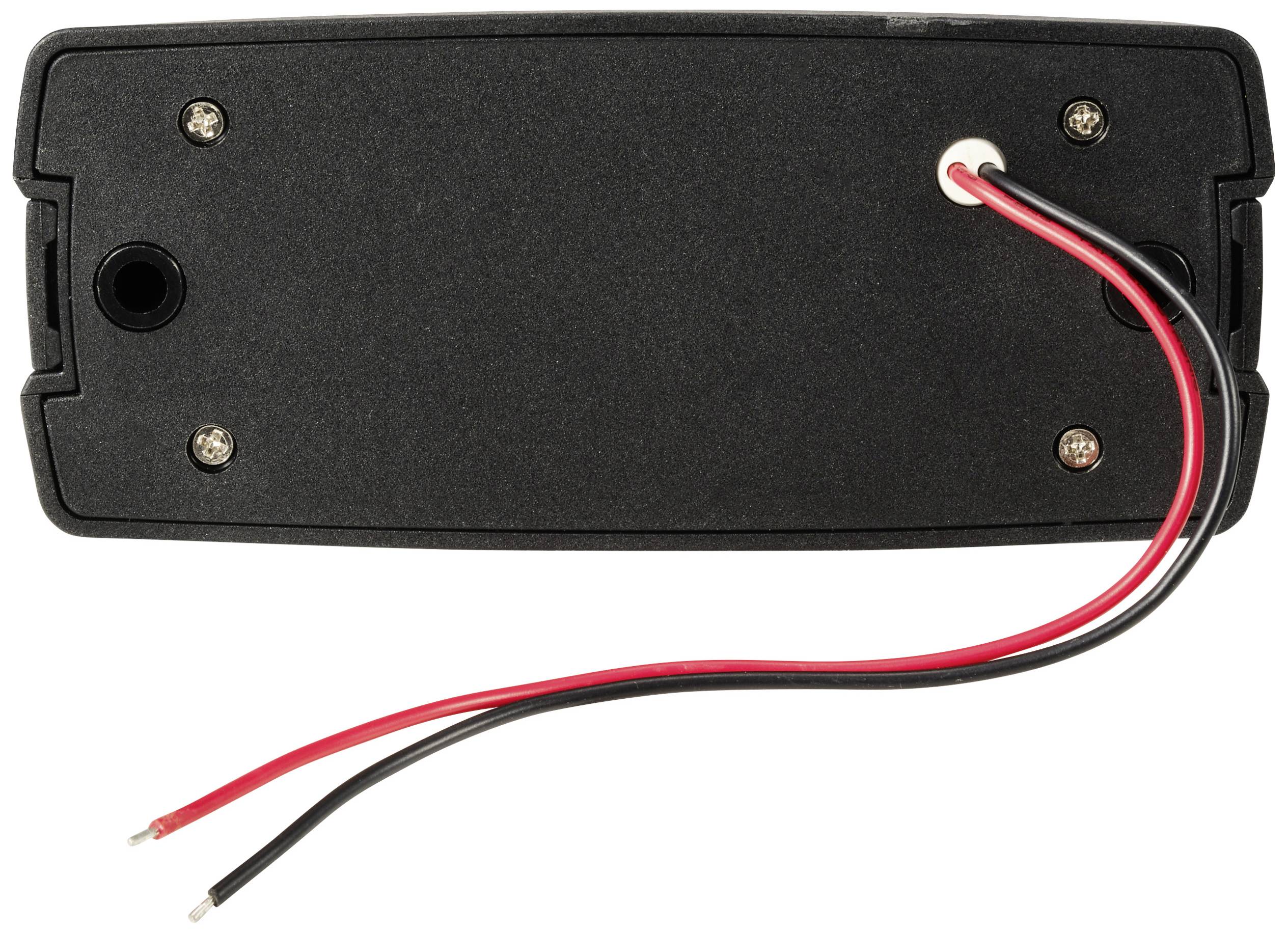 Back of a technical device with the casing removed. Two cables, red and black, are connected to one end of the device.