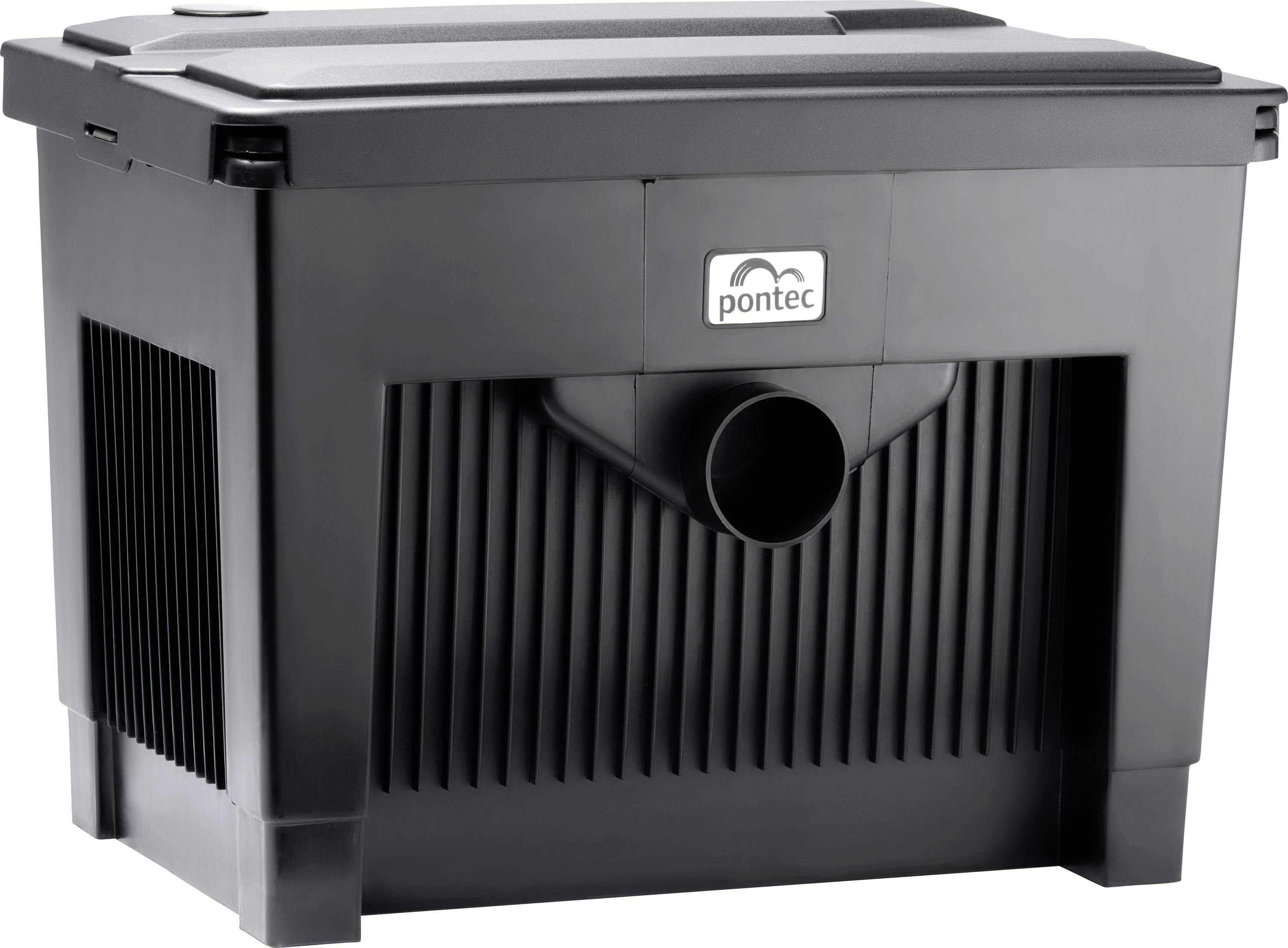 A black Pontec pond filter with a ribbed design and central outlet, featuring the Pontec logo on the front.