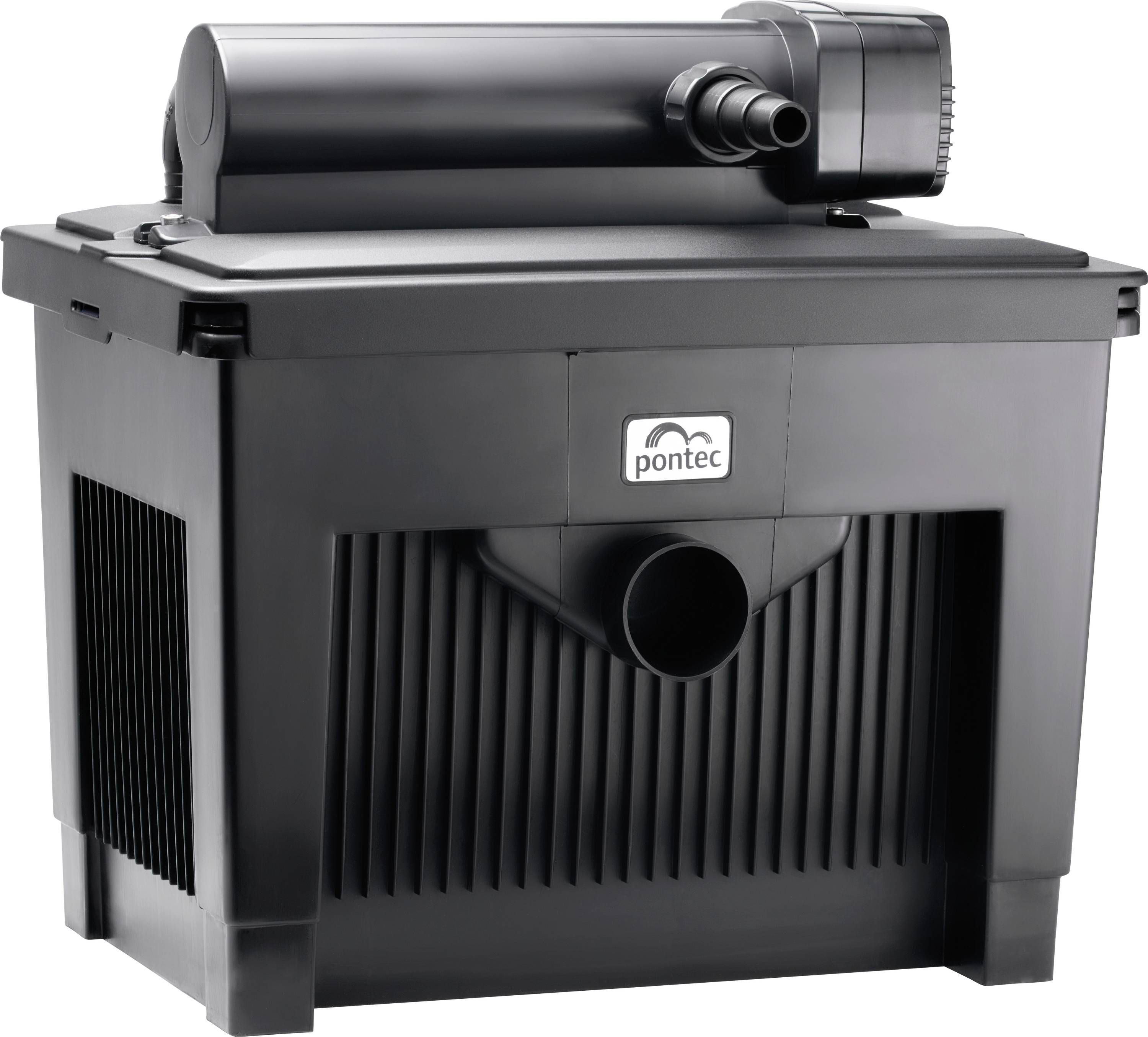 A black Pondtech filtration unit with pipes, designed for water filtration in ponds, featuring a textured body and the brand logo on the front.