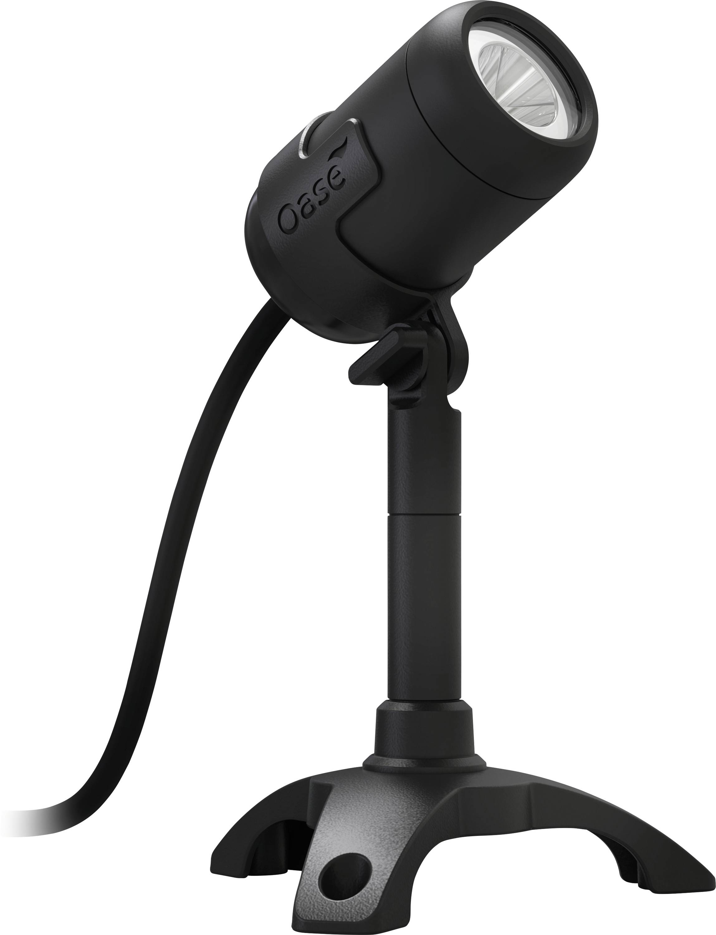 A black adjustable spotlight on a stand with a power cord, designed for focused illumination, suitable for various lighting needs.